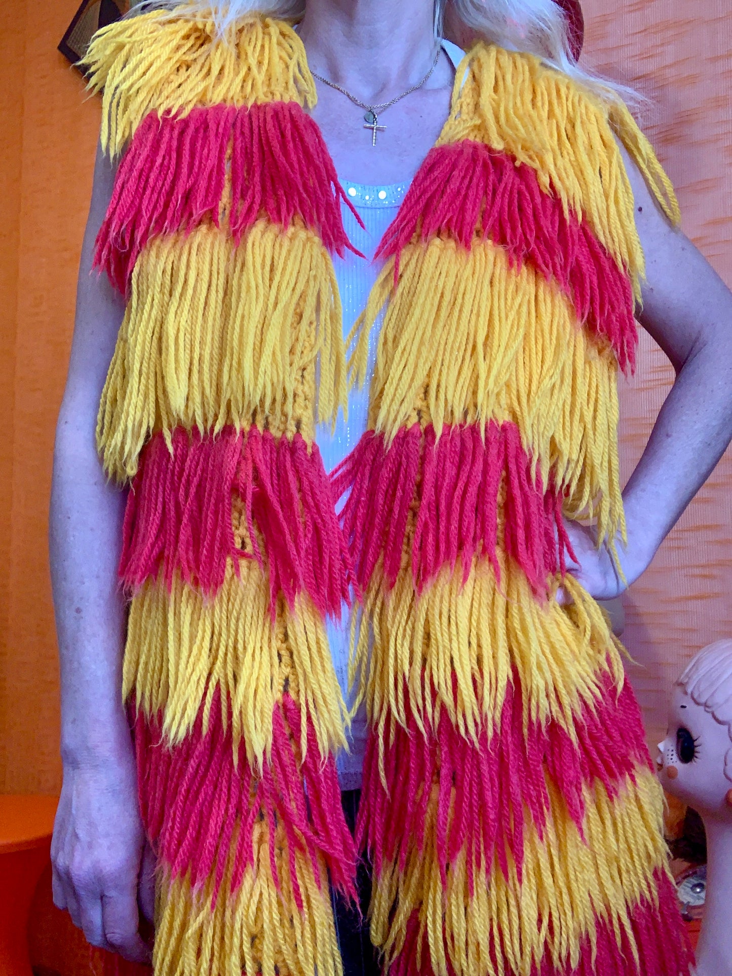 Incroyable Gilet Tricot Laine Fait Main 1970 Original
