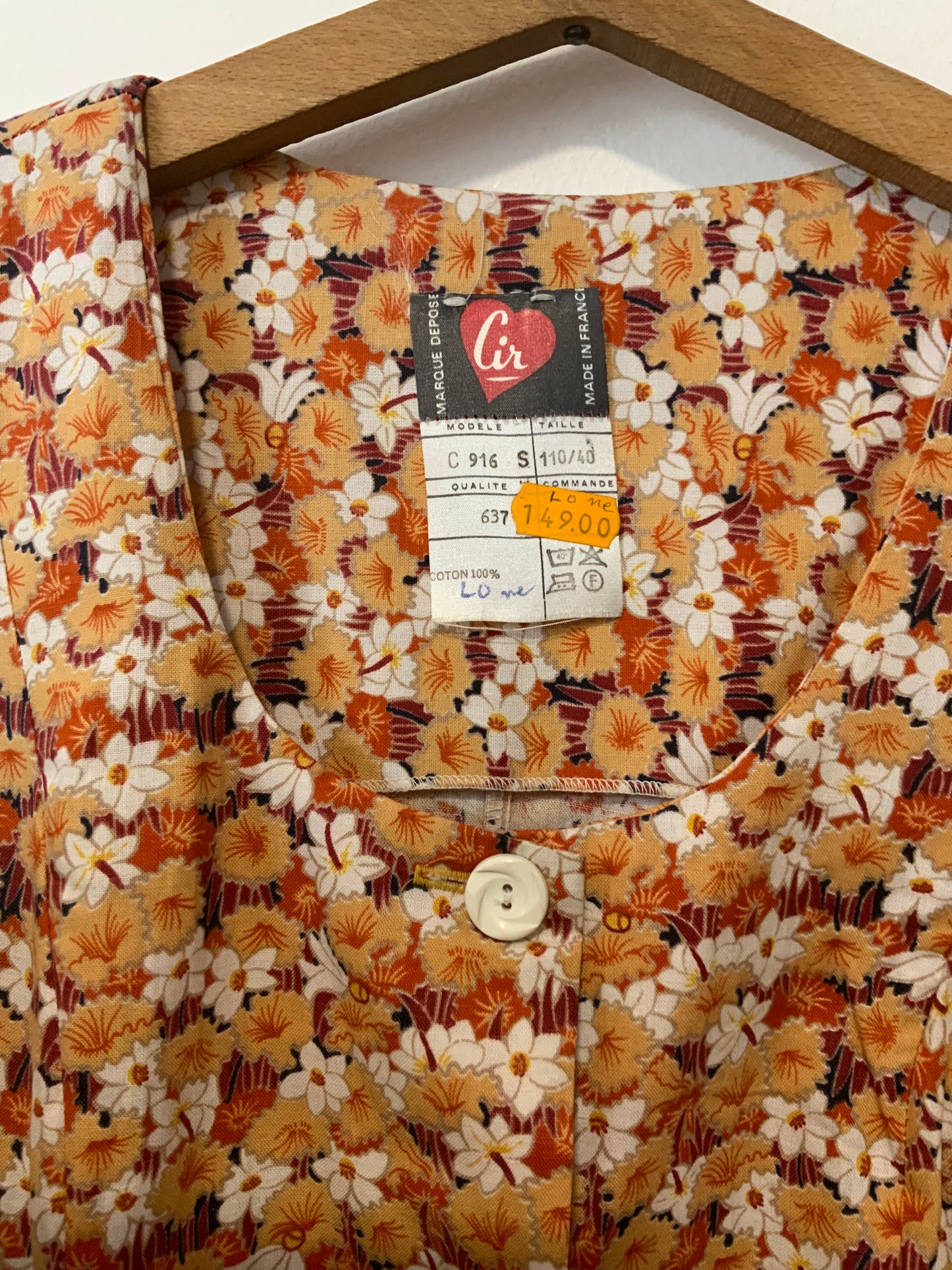Robe Blouse à Fleurs oranges Vintage Deadstock 1970 Neuve France