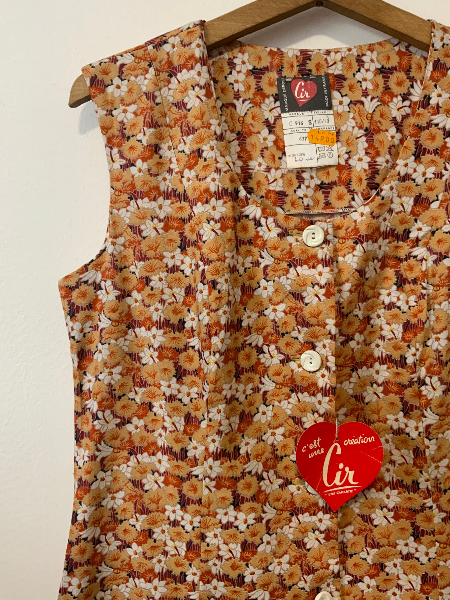 Robe Blouse à Fleurs oranges Vintage Deadstock 1970 Neuve France