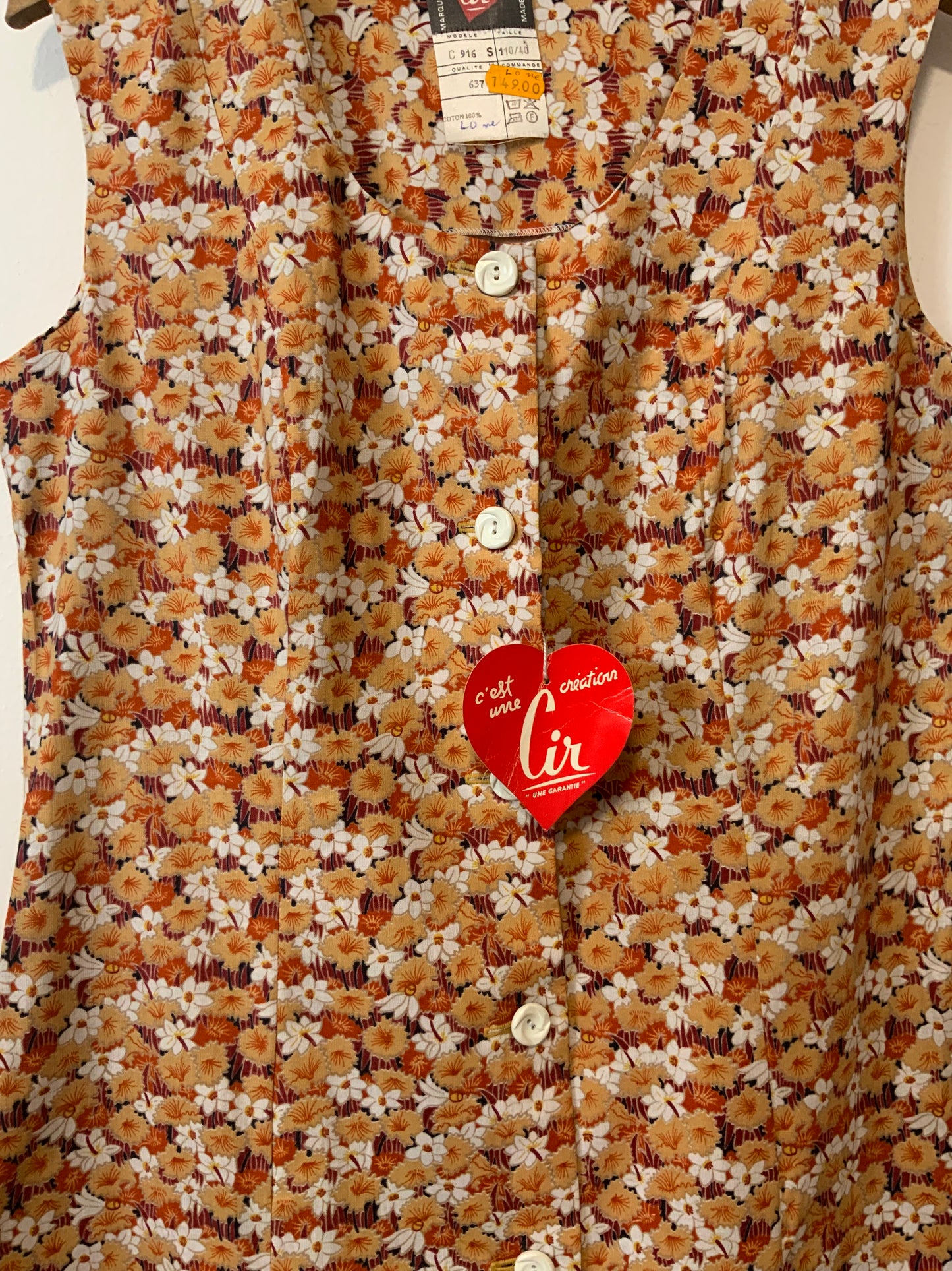 Robe Blouse à Fleurs oranges Vintage Deadstock 1970 Neuve France