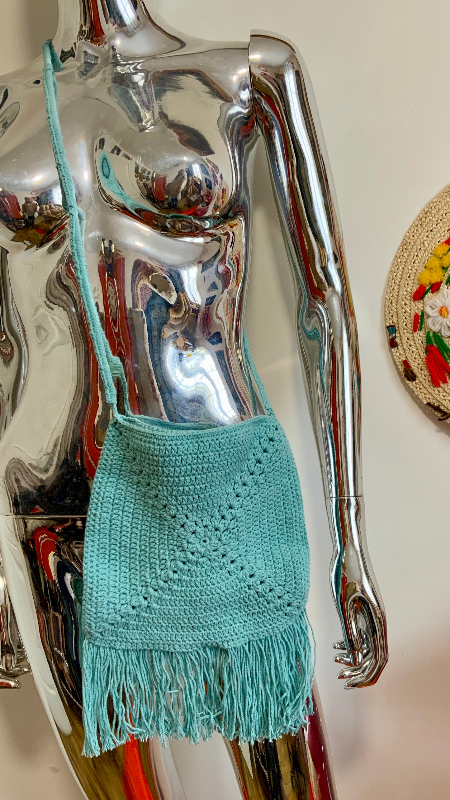 Sac tricot crochet Turquoise À bandoulière Vintage Hippie Chic