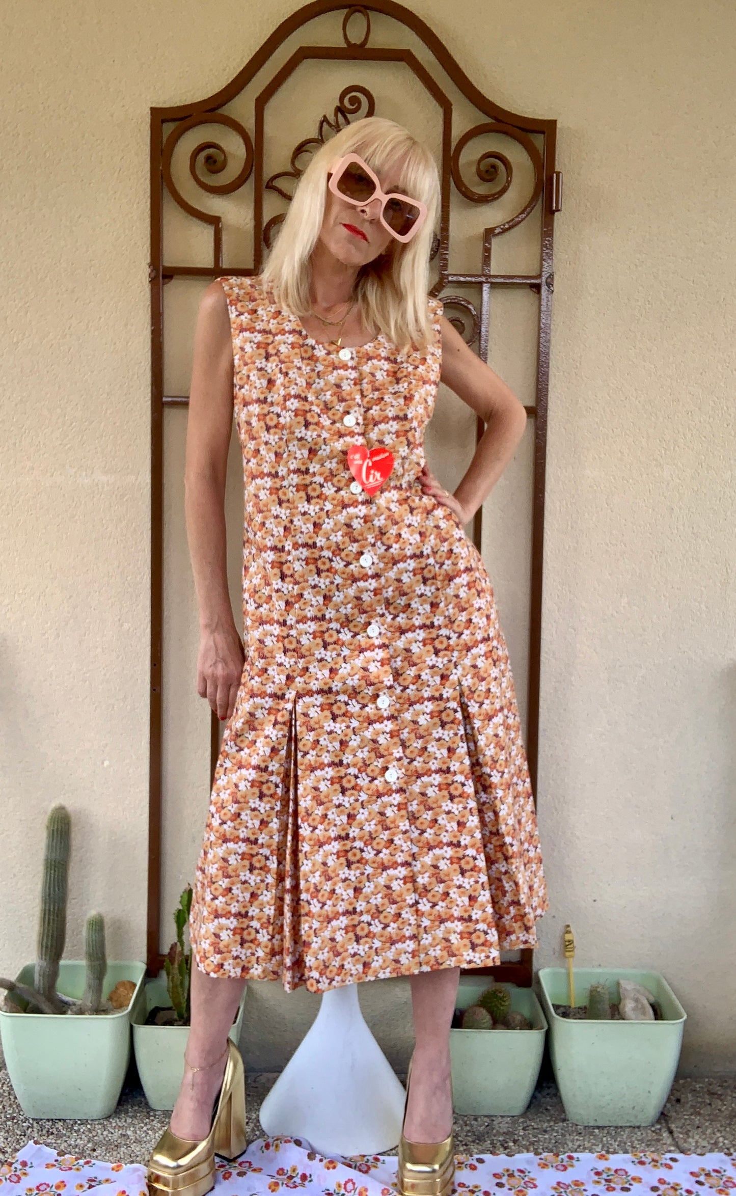 Robe Blouse à Fleurs oranges Vintage Deadstock 1970 Neuve France
