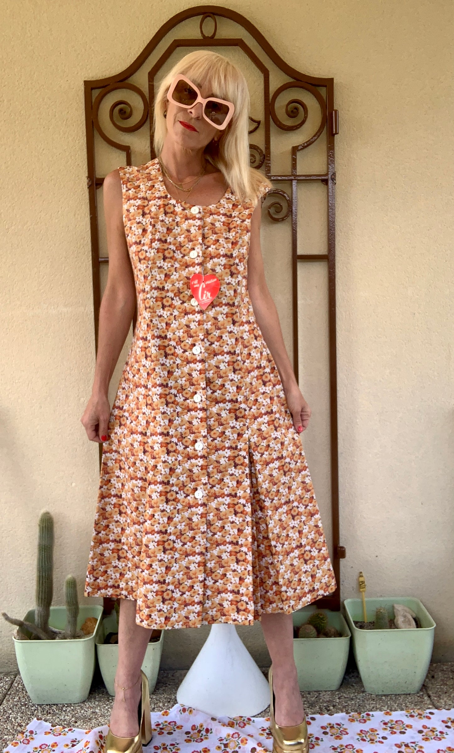 Robe Blouse à Fleurs oranges Vintage Deadstock 1970 Neuve France