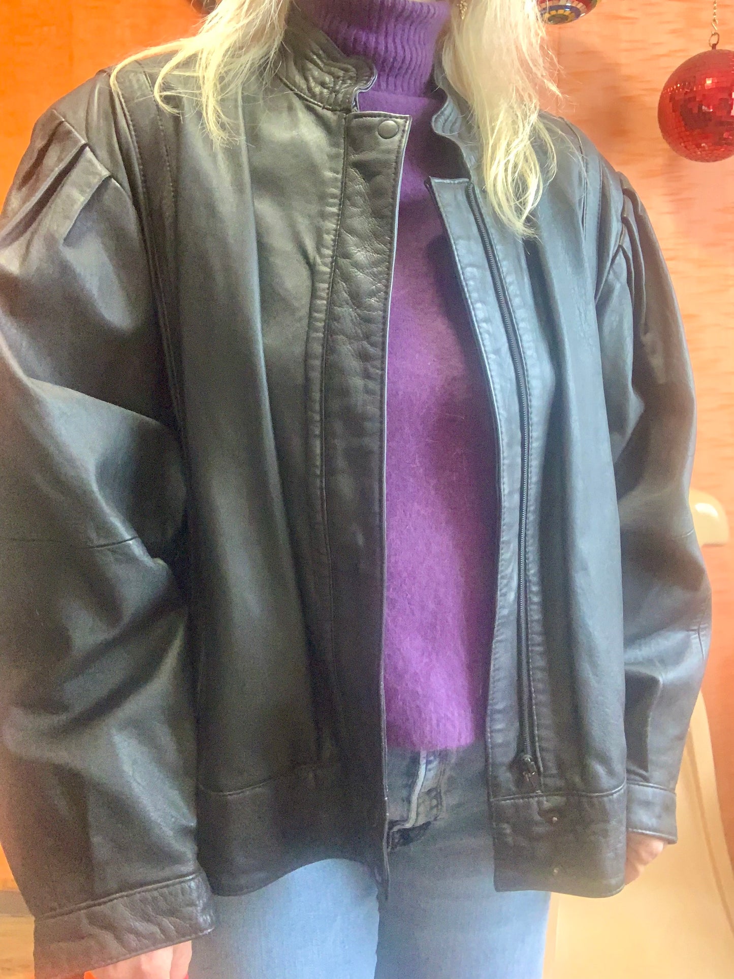 Blouson Cuir Noir Large Vintage Eighties Pur 1980