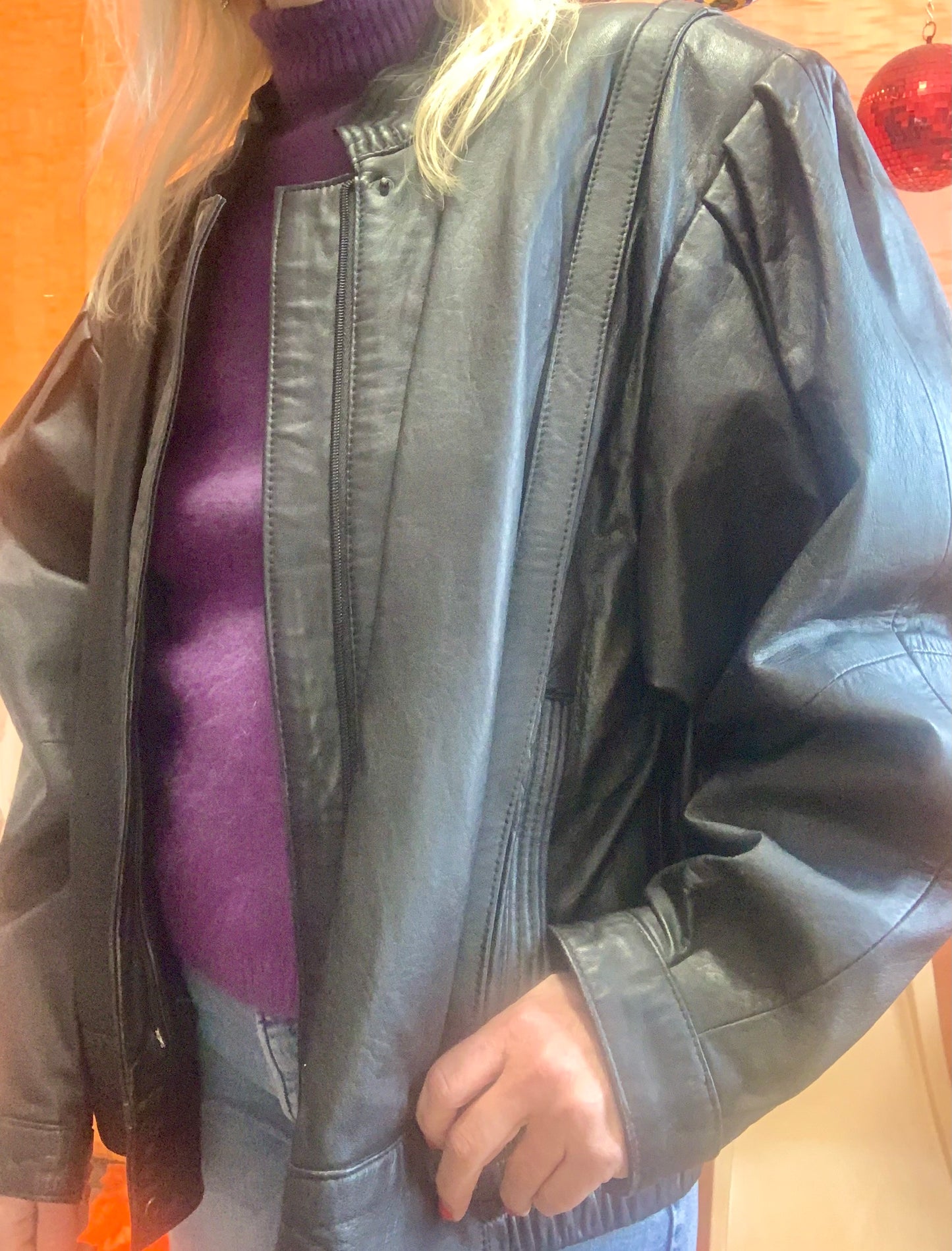 Blouson Cuir Noir Large Vintage Eighties Pur 1980