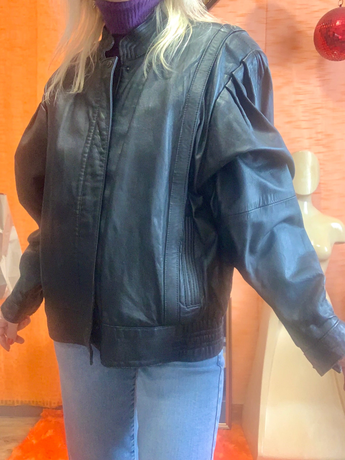 Blouson Cuir Noir Large Vintage Eighties Pur 1980