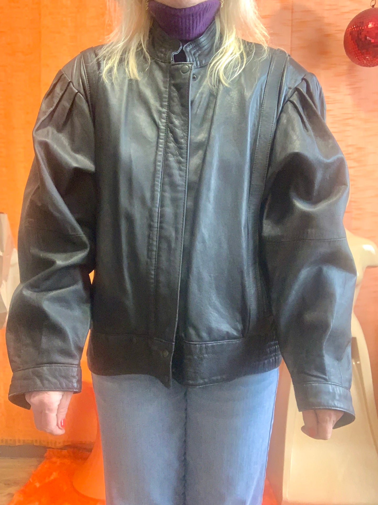 Blouson Cuir Noir Large Vintage Eighties Pur 1980