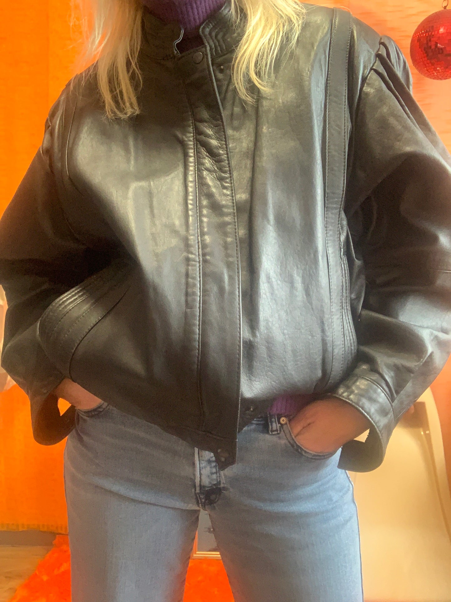 Blouson Cuir Noir Large Vintage Eighties Pur 1980