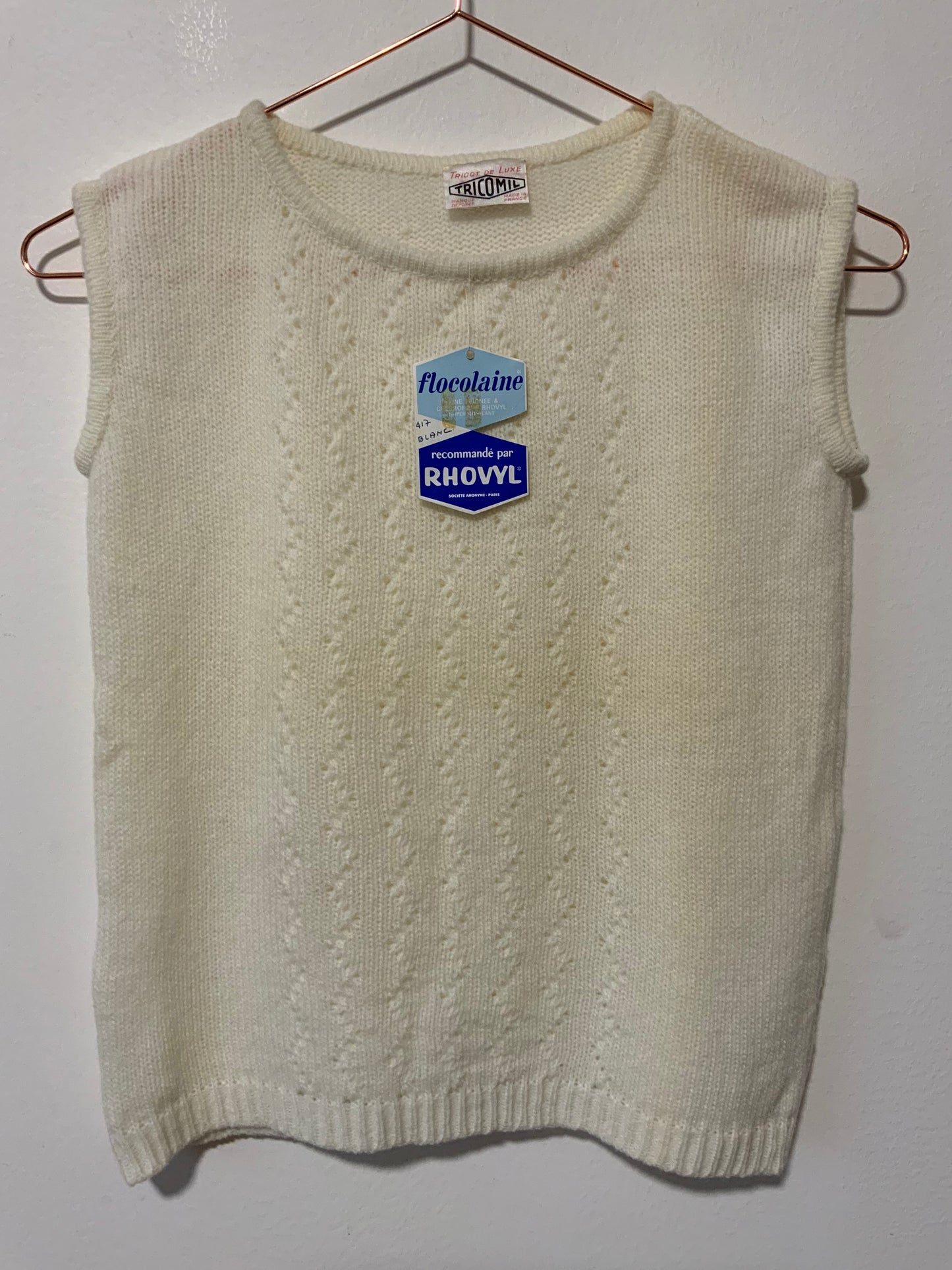 Pull sans manche mailles ajourées blanc en laine peignée Vintage 1970/80 Tricot Luxe