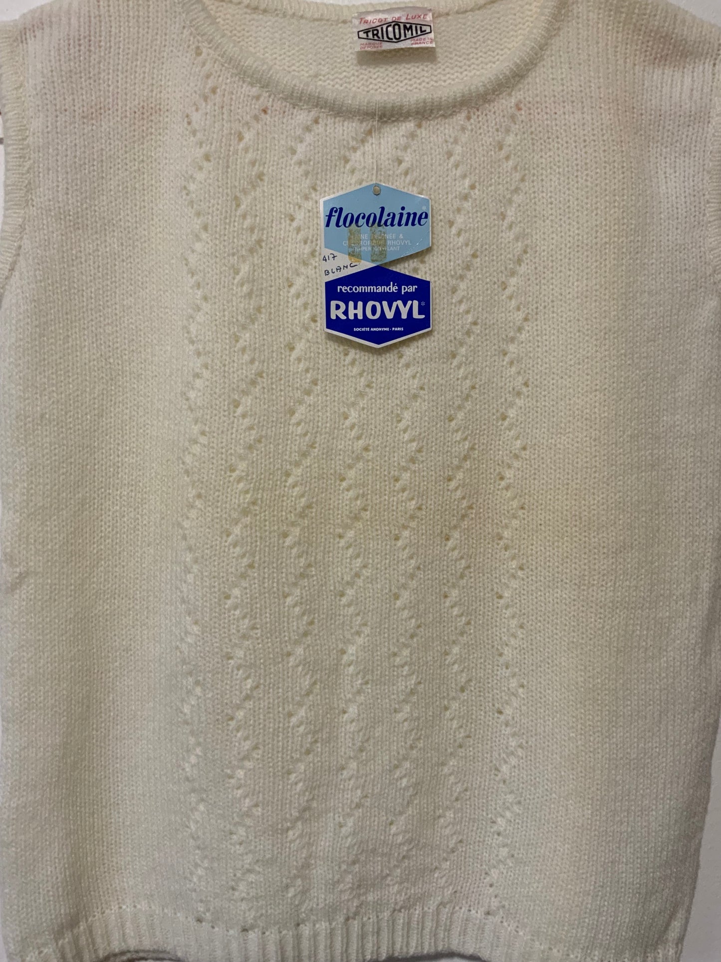 Pull sans manche mailles ajourées blanc en laine peignée Vintage 1970/80 Tricot Luxe