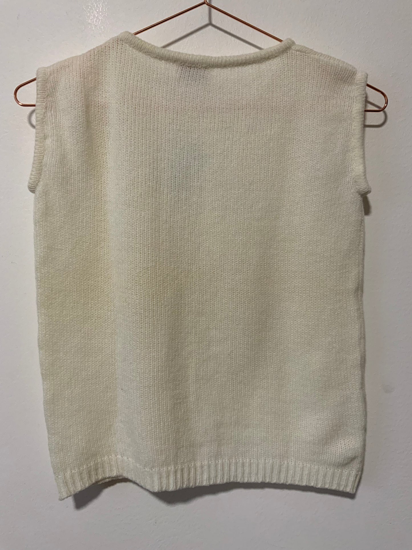 Pull sans manche mailles ajourées blanc en laine peignée Vintage 1970/80 Tricot Luxe