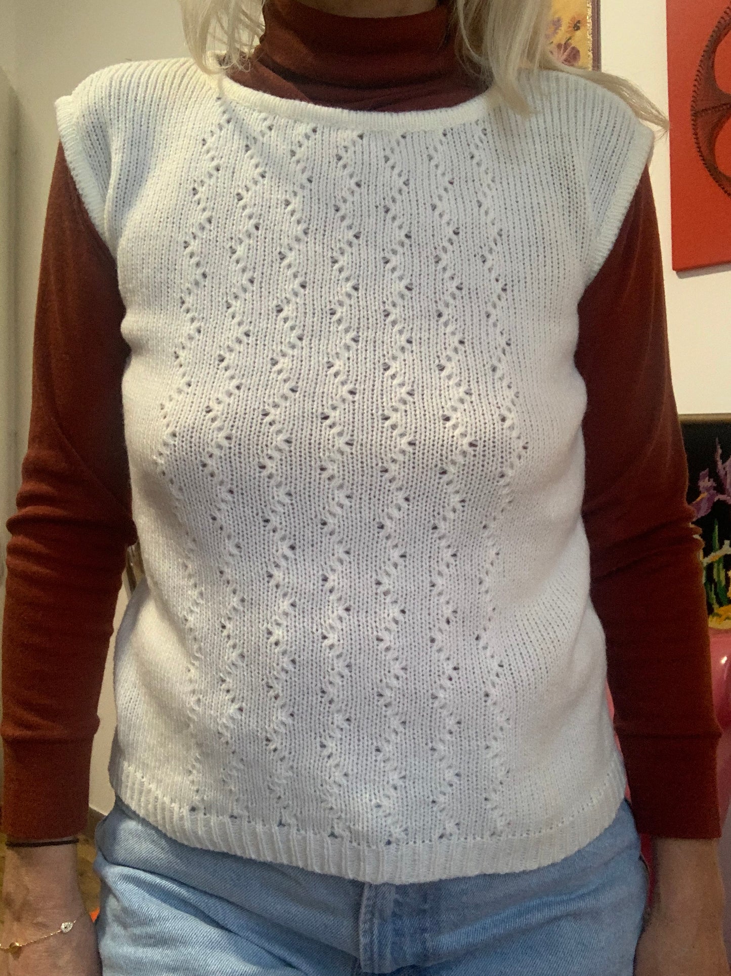 Pull sans manche mailles ajourées blanc en laine peignée Vintage 1970/80 Tricot Luxe