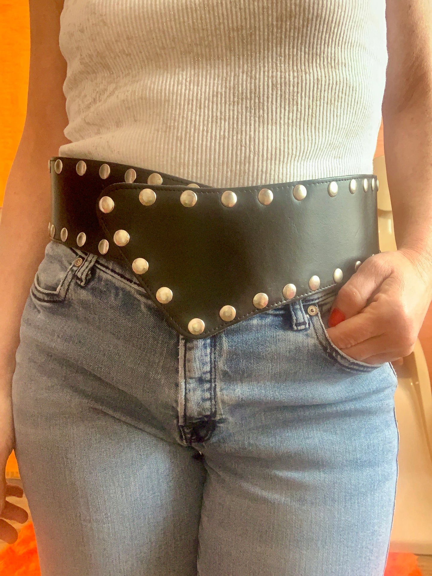 Ceinture Cuir Vinyle noir Ajustable Vintage Made in France 1990