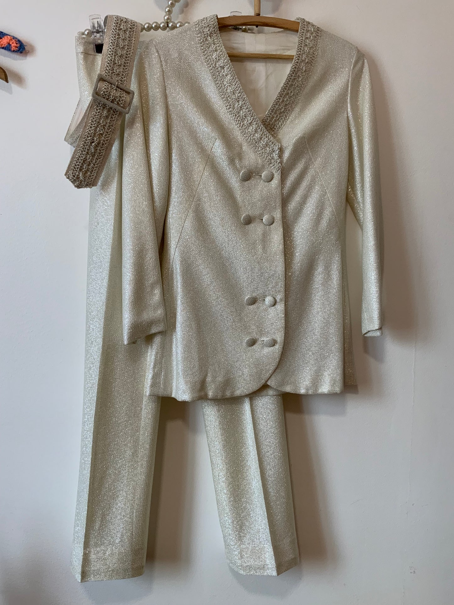 Somptueux Ensemble Fait Main Pailleté Disco Pépite Vintage 1970 Strass