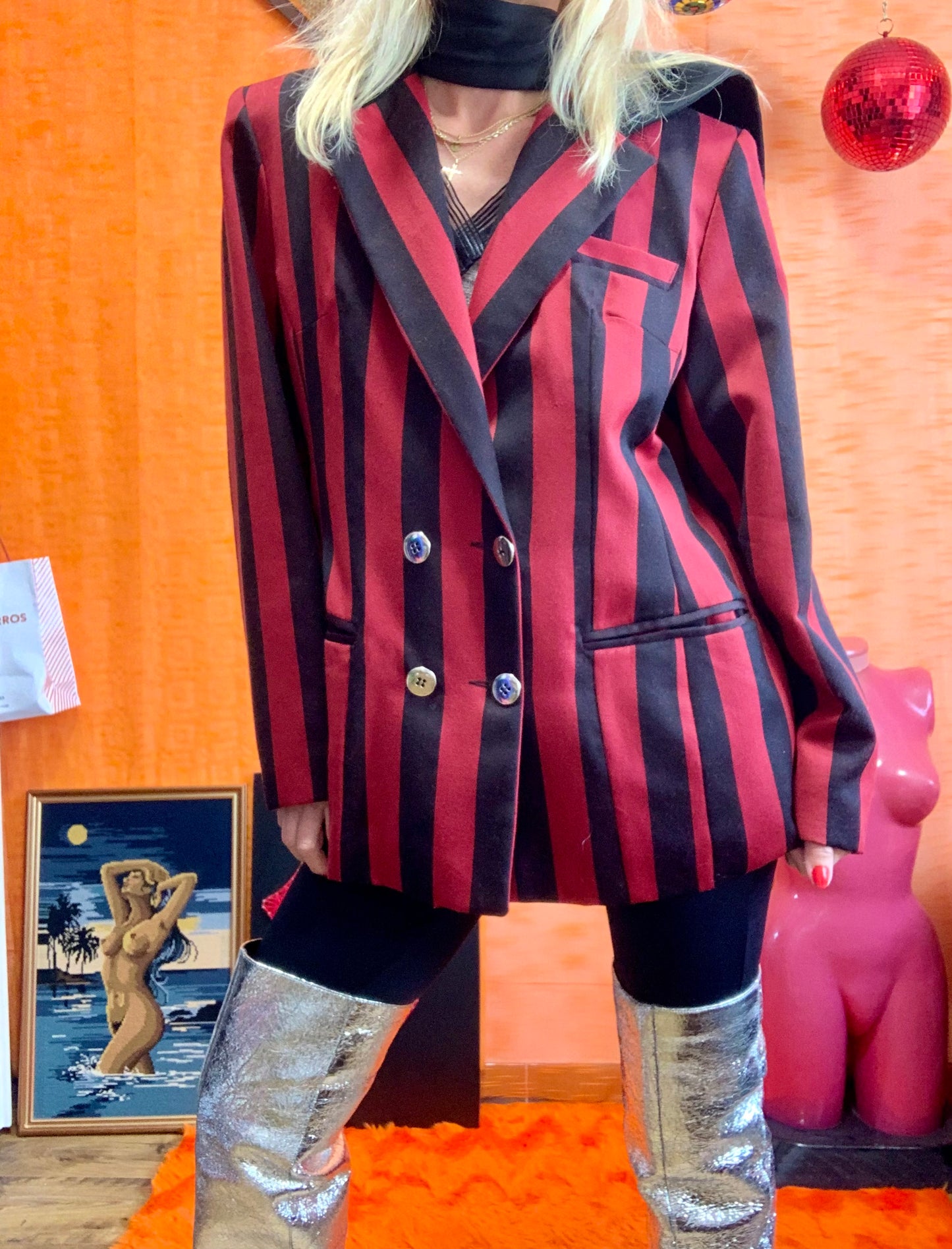 Veste Capuche à rayures Pur Blazer Vintage 1980 Epaulettes-