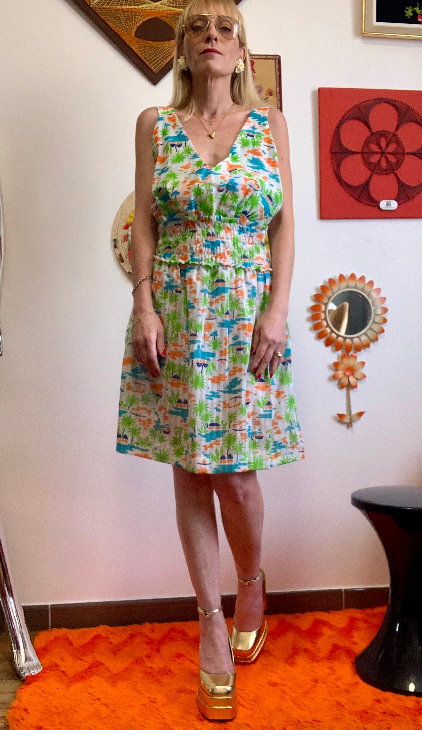Robe Sexy A fleurs Été Vintage Dos Nu Bretelles 1970 Deadstock