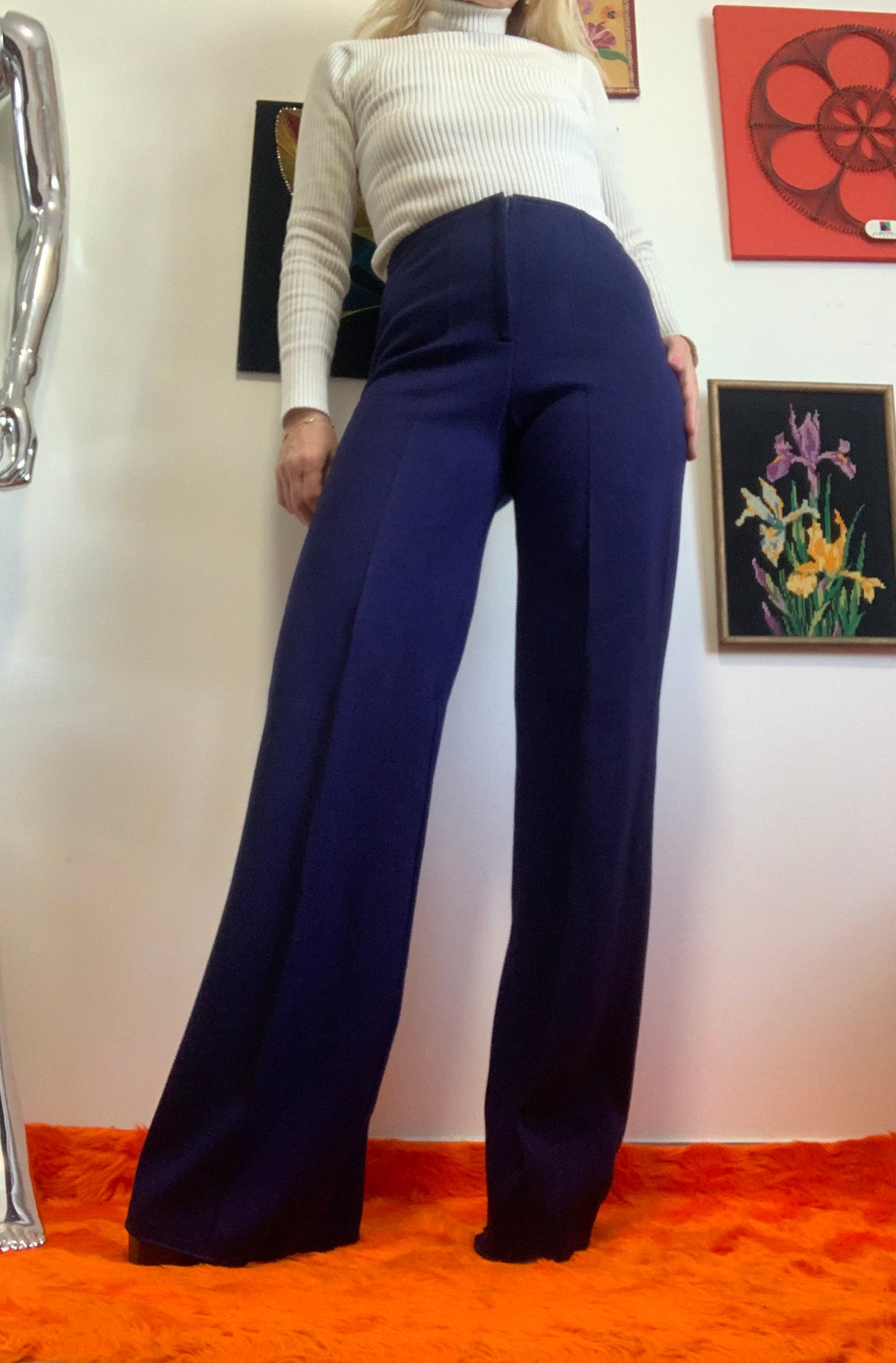 Pantalon Flare Pattes d’éléphant Vintage 1970 en Dralon Deadstock