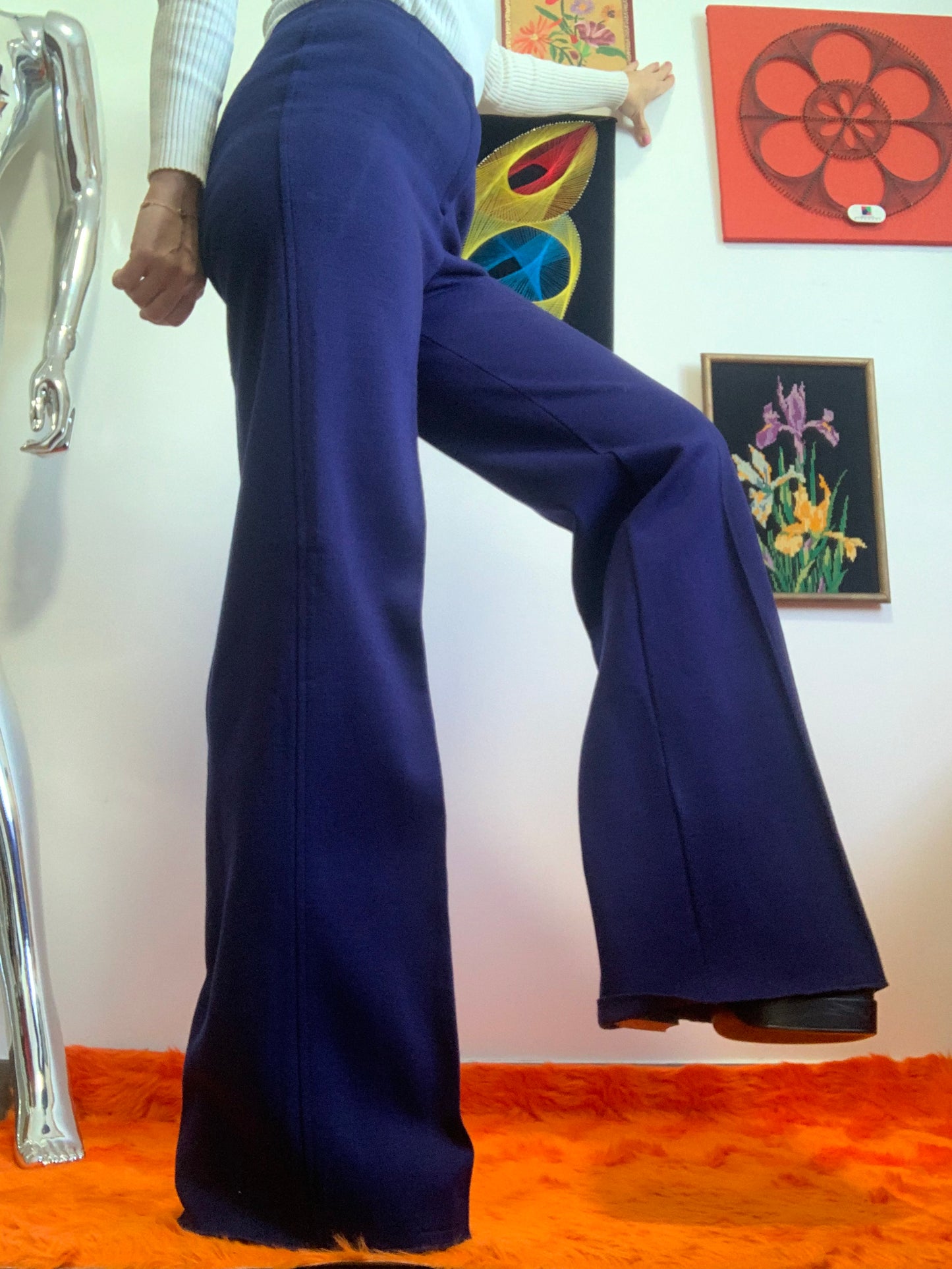 Pantalon Flare Pattes d’éléphant Vintage 1970 en Dralon Deadstock