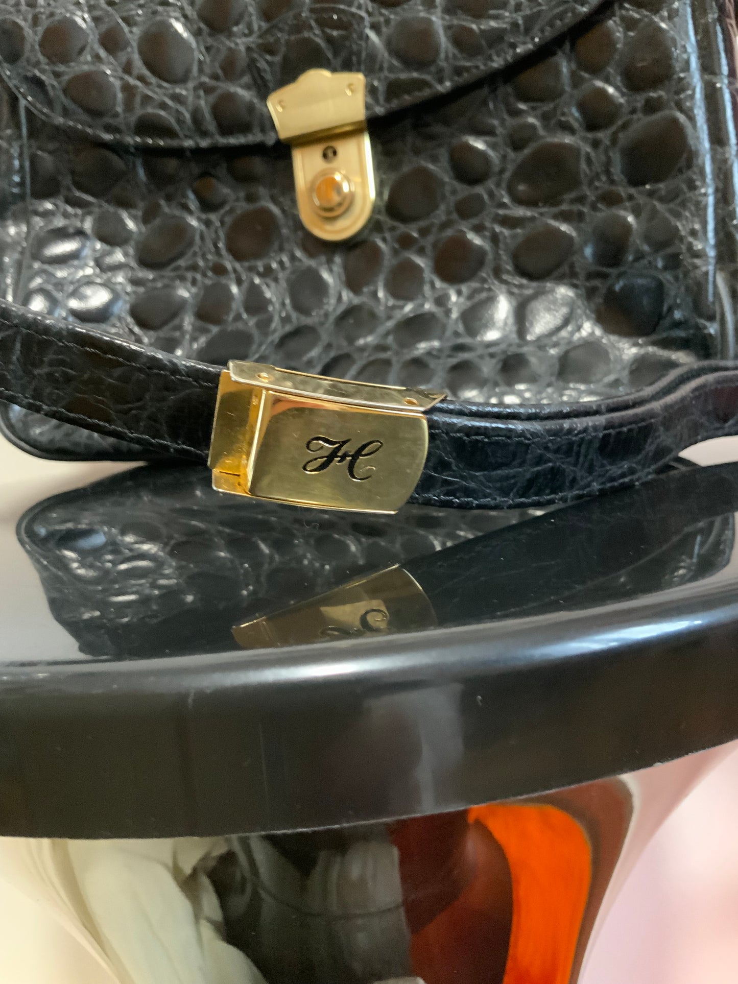 Sac à main Cuir vernis grains Croco Vintage Chic