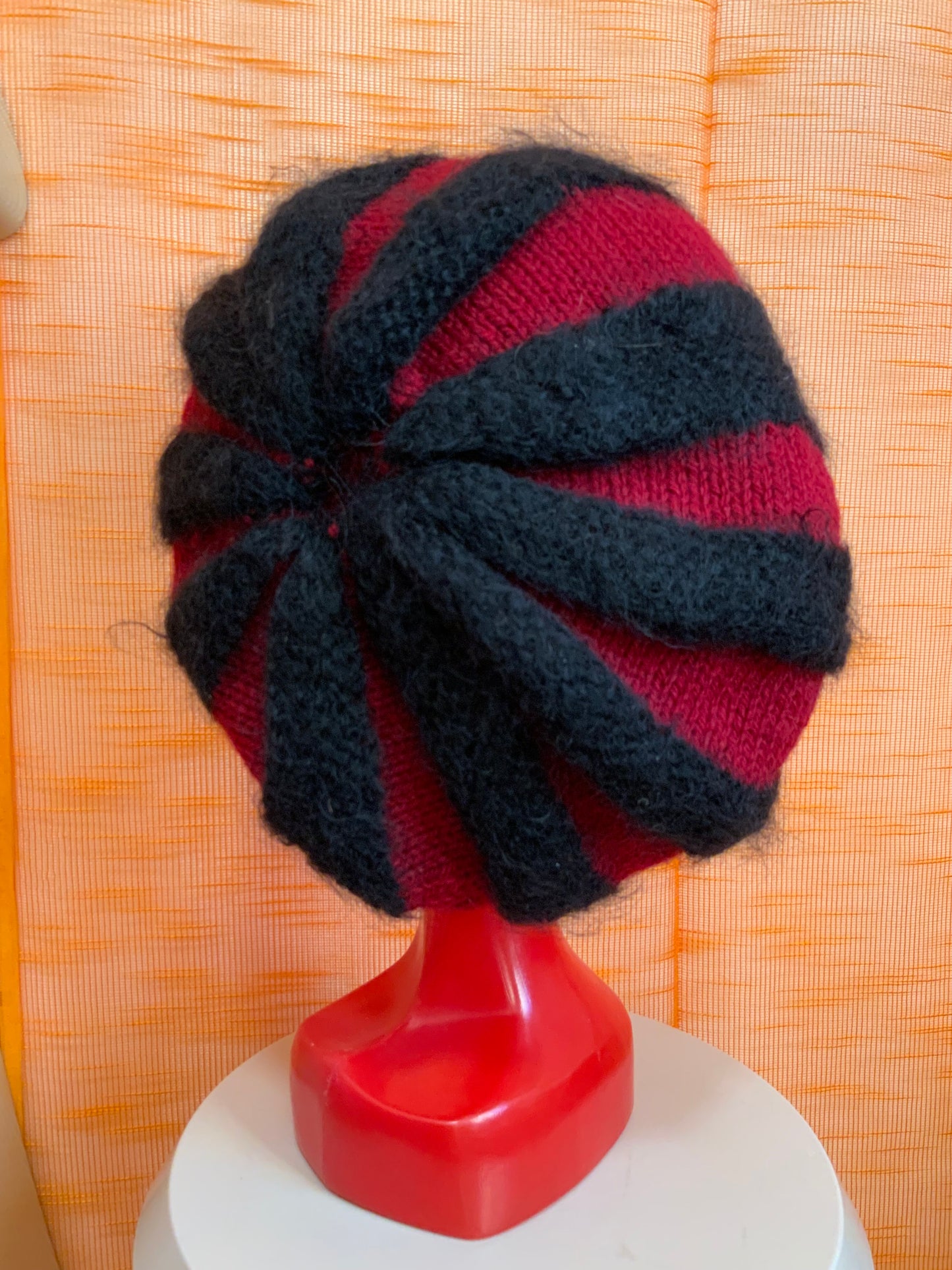 Grand chapeau original tricot laine et mohair à rayures Vintage création