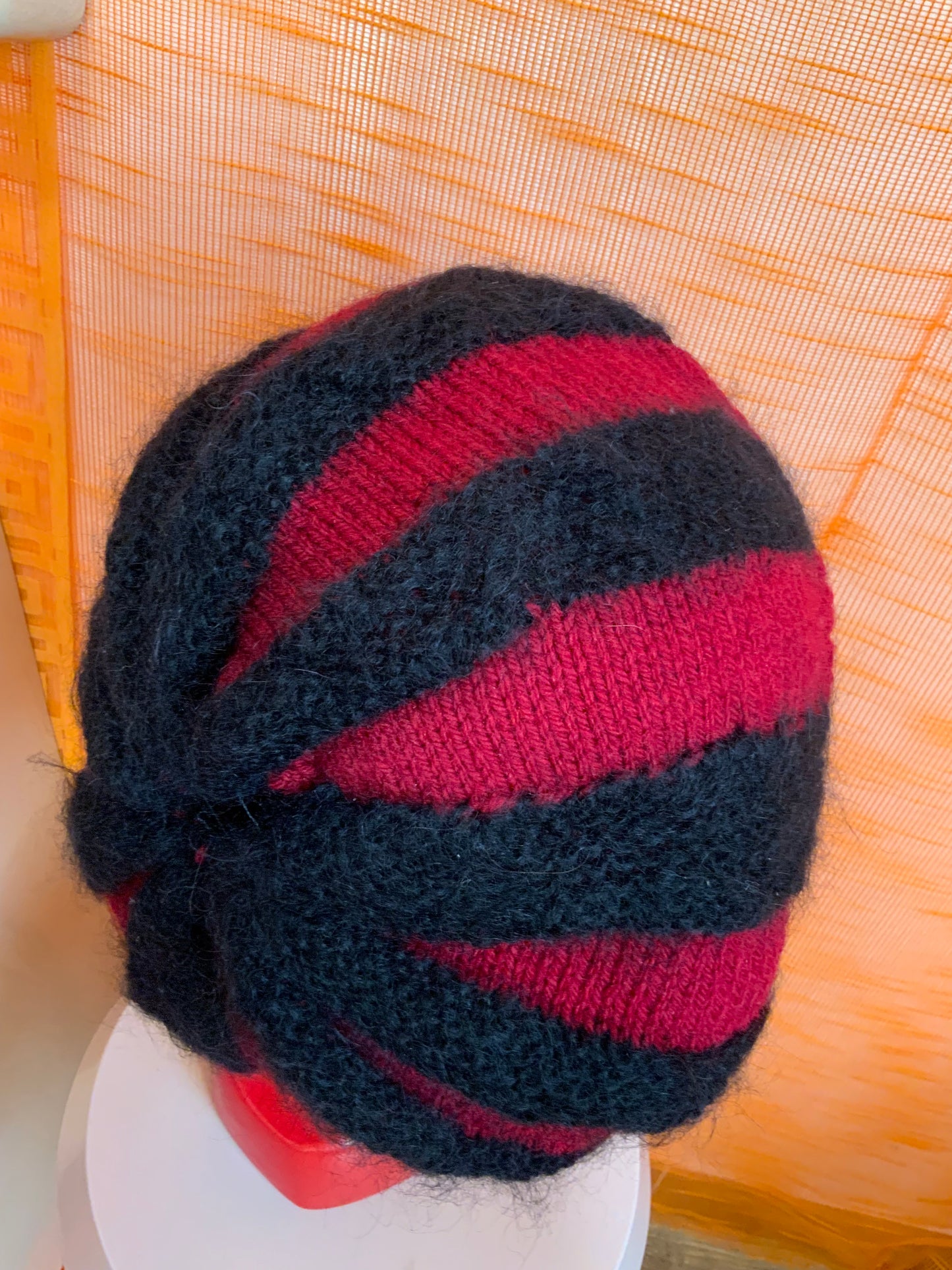 Grand chapeau original tricot laine et mohair à rayures Vintage création