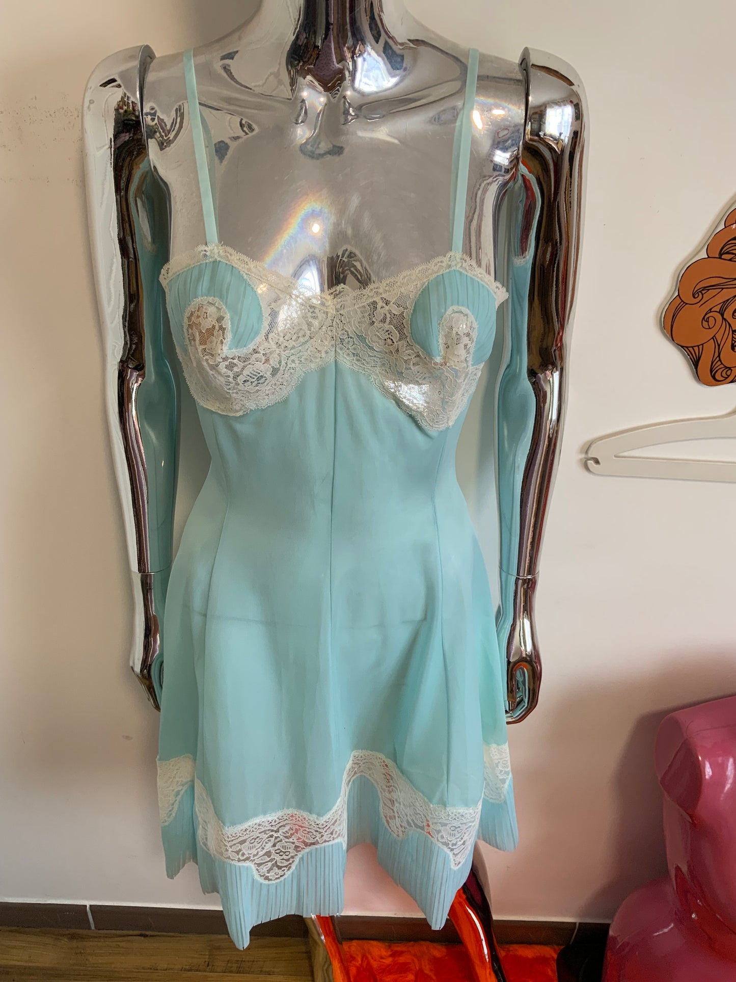 Robe Voile bleu et dentelle Vintage 1970 France