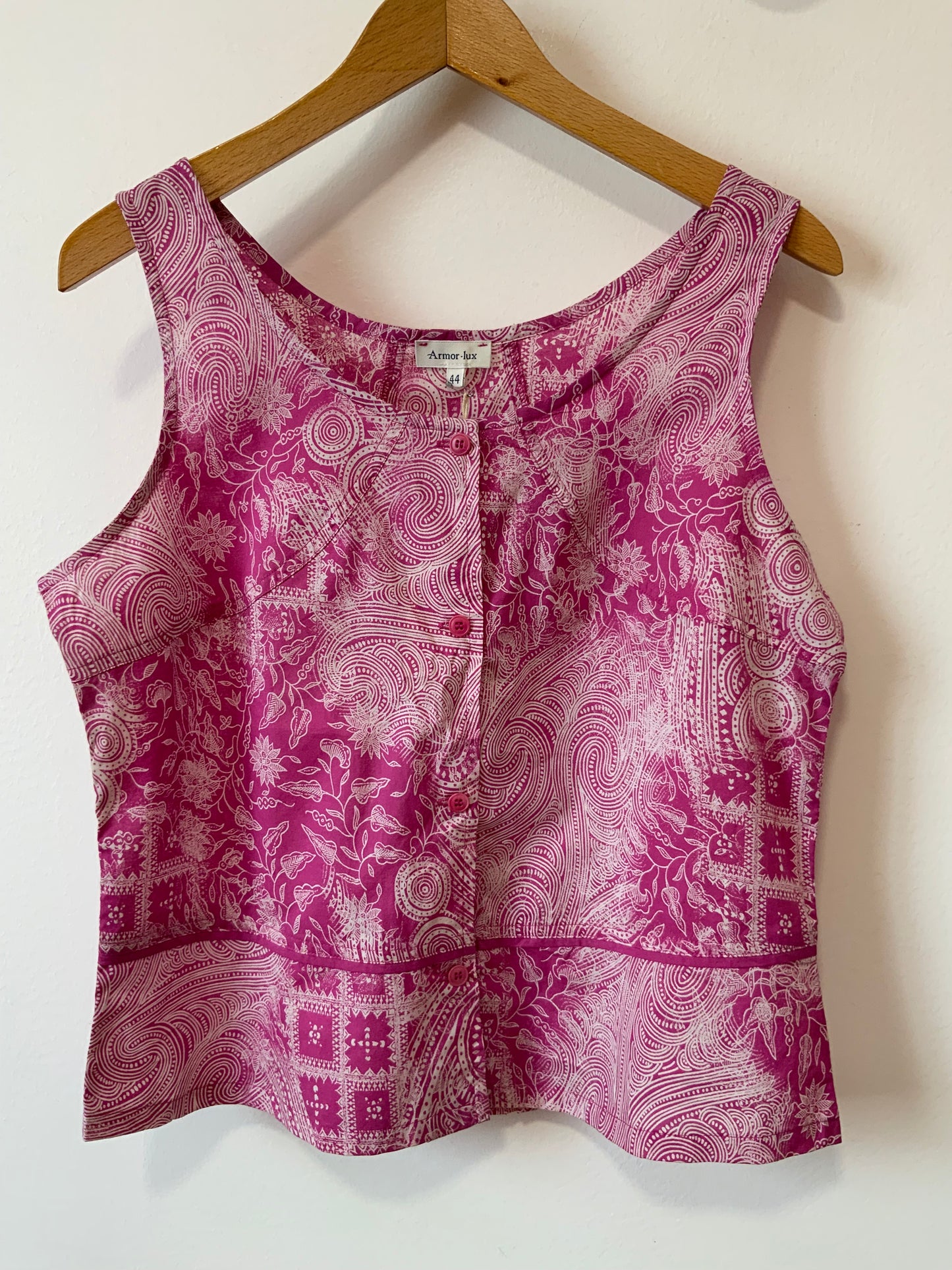 1980 Débardeur boutonné motifs fleurs Fuchsia Coton Deadstock Armor Lux Vintage