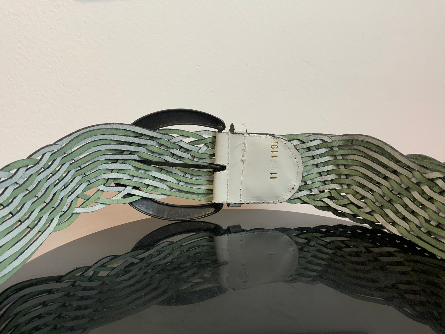 Ceinture Cuir tressé Blanc vert pastel Vintage 1980