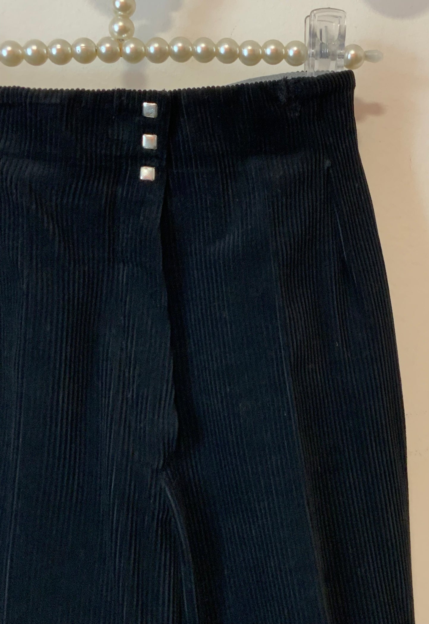 Sublime pantalon Fuseau Flare Velours côtelé et Cuir Vintage 1970 Noir