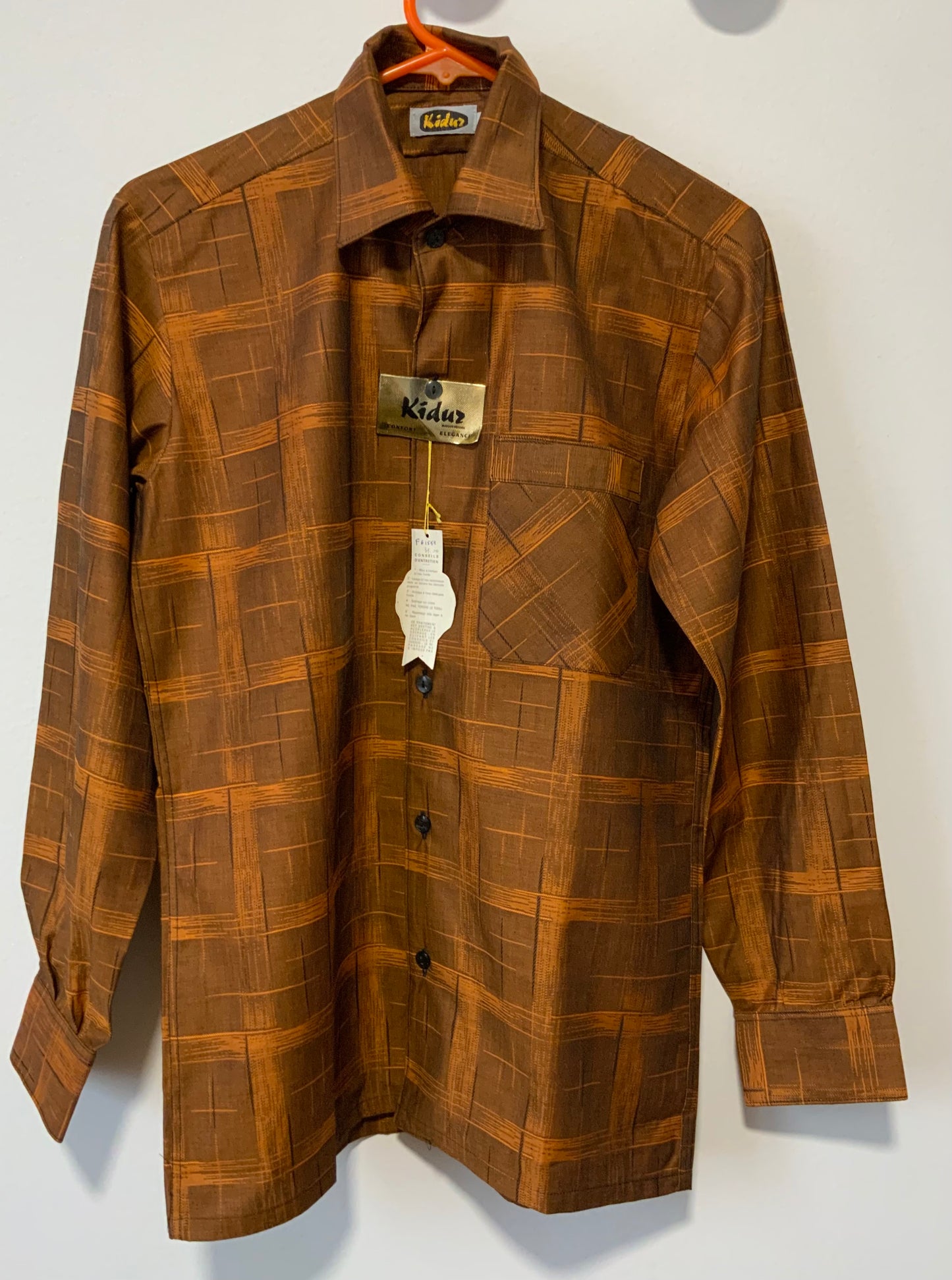 Chemise KIDUR pur coton Orange carreaux brillants Vintage Deadstock 1960/70 France