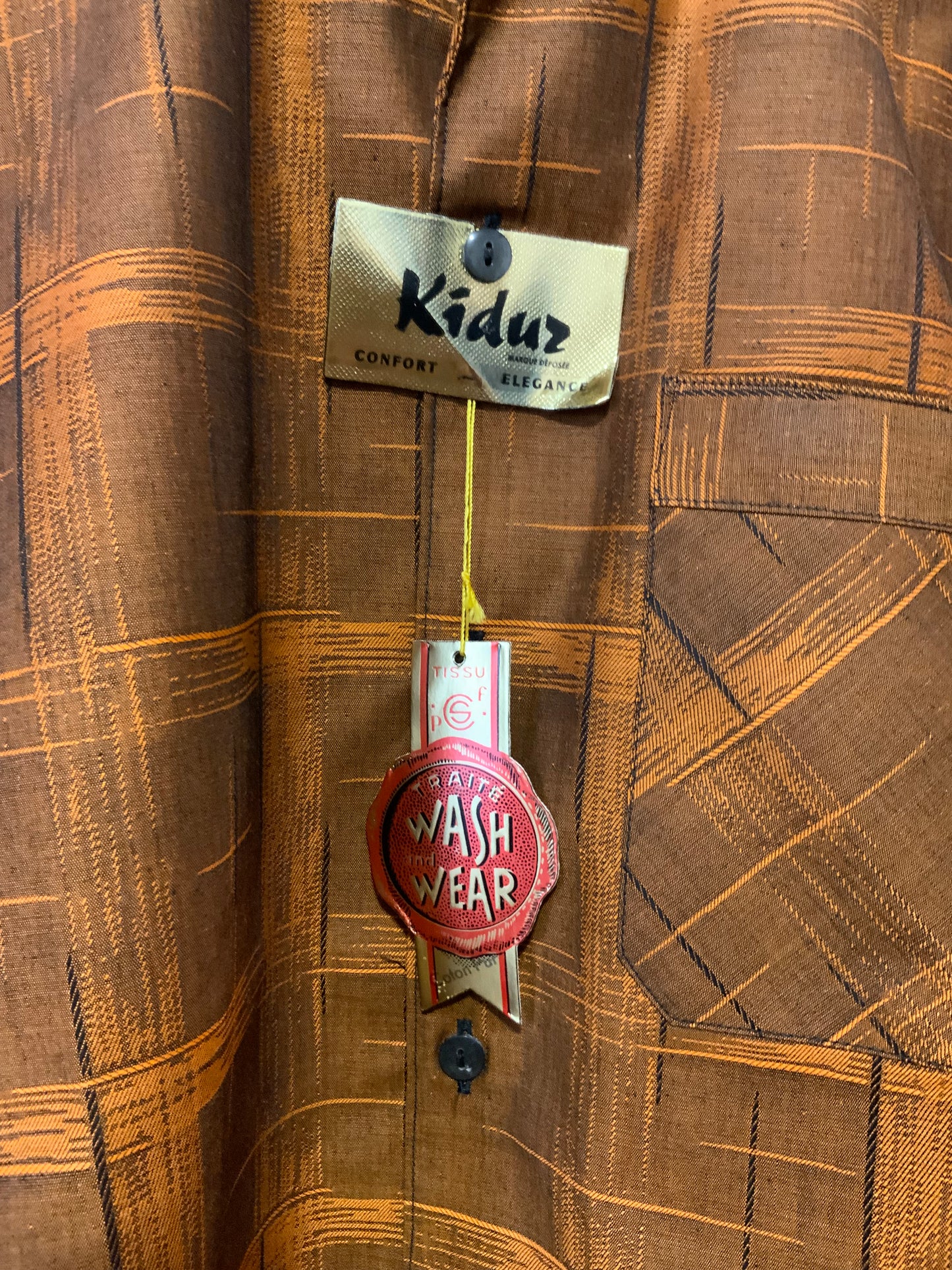 Chemise KIDUR pur coton Orange carreaux brillants Vintage Deadstock 1960/70 France