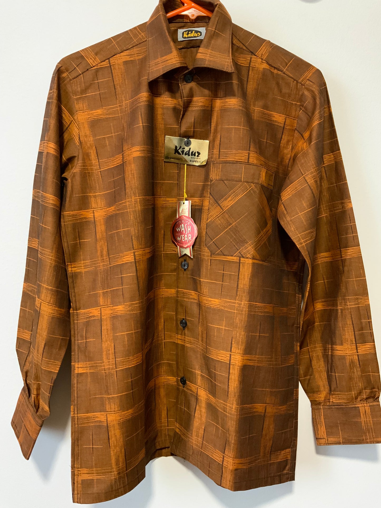 Chemise KIDUR pur coton Orange carreaux brillants Vintage Deadstock 1960/70 France