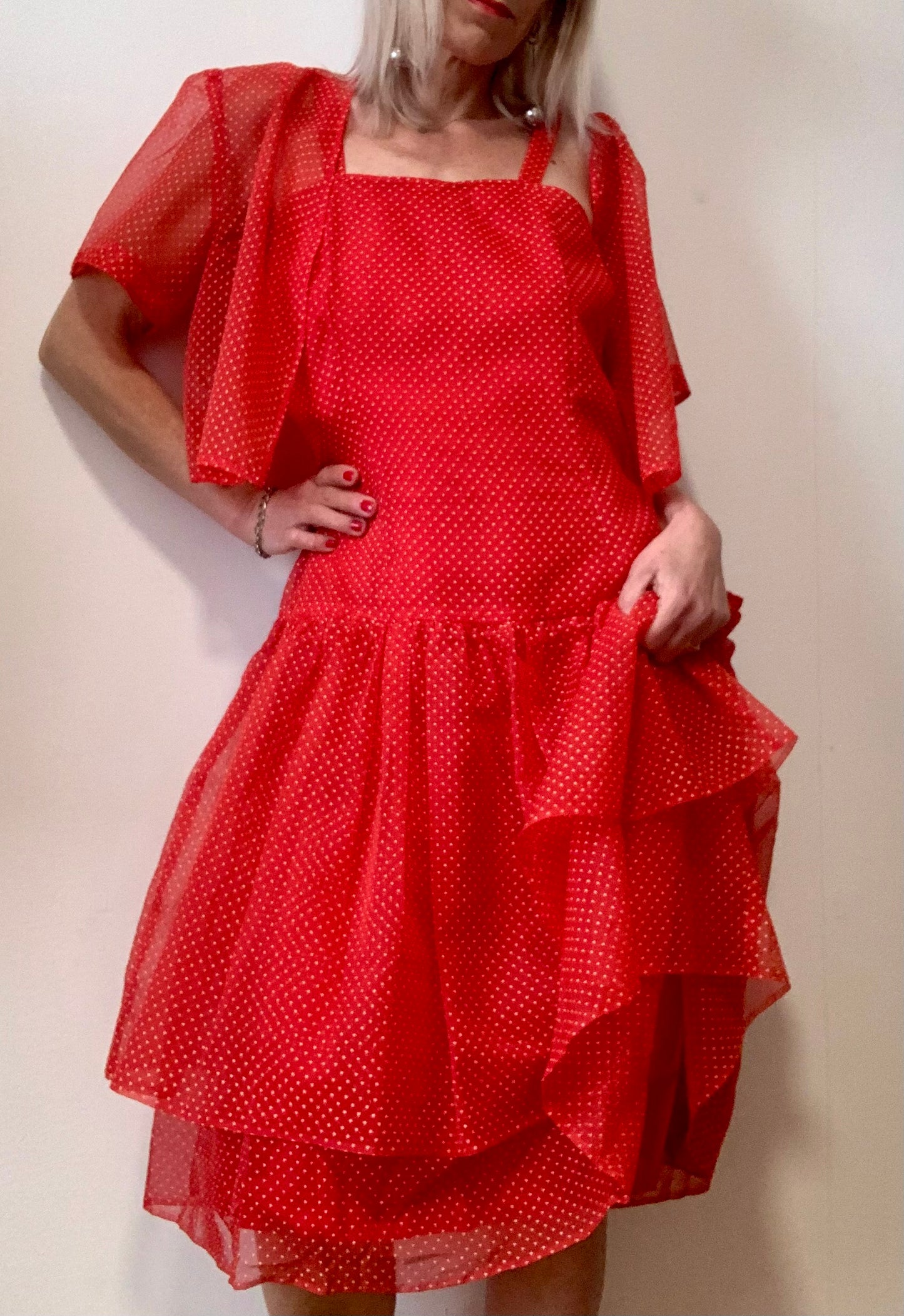 Robe à volants et Veste voile petits pois Création couture Vintage Beauté 1980