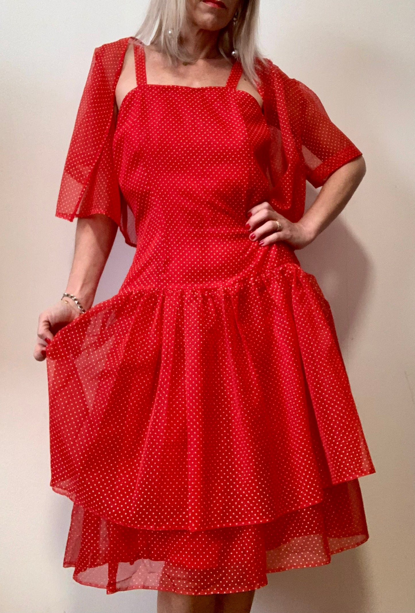 Robe à volants et Veste voile petits pois Création couture Vintage Beauté 1980