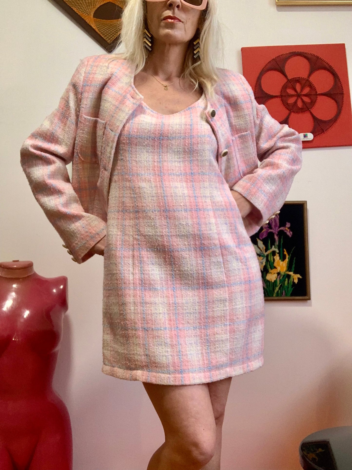 Ensemble carreaux Robe et Veste courte Vintage Chic 1990 France