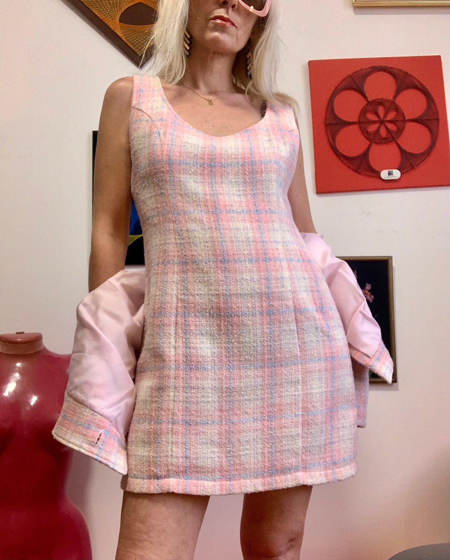 Ensemble carreaux Robe et Veste courte Vintage Chic 1990 France