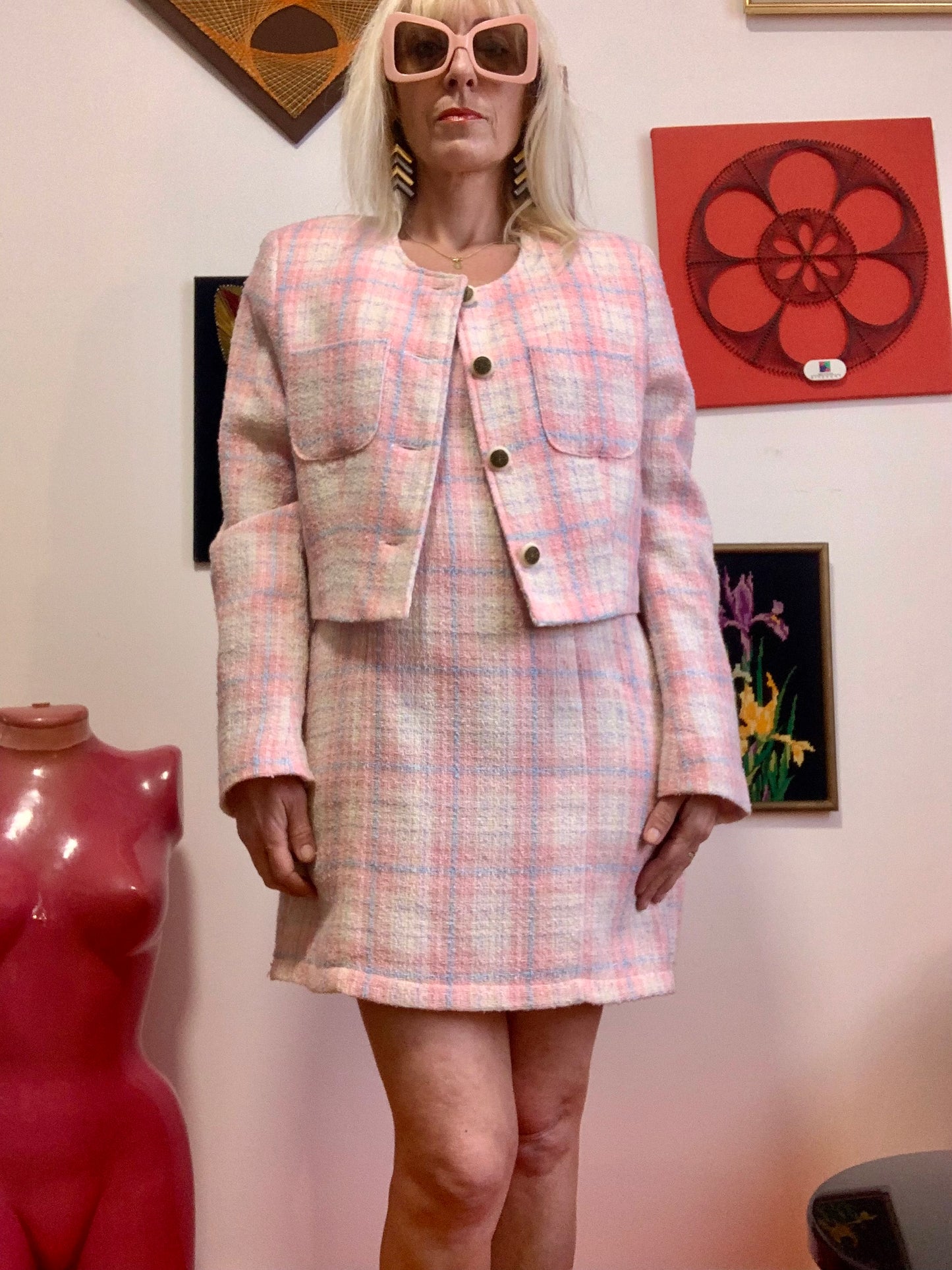 Ensemble carreaux Robe et Veste courte Vintage Chic 1990 France