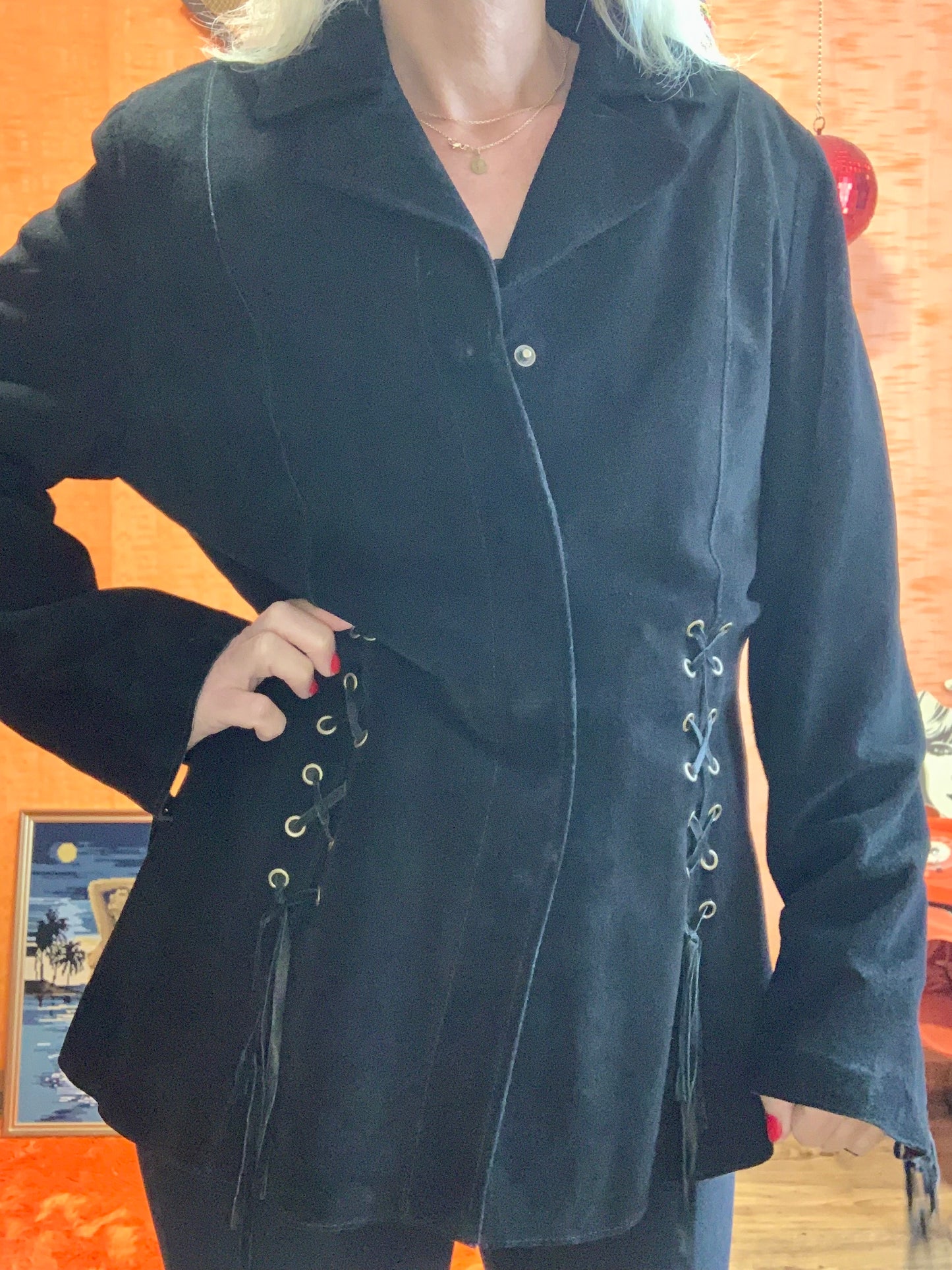Veste Cuir daim noir à lacets Vintage 1990 Pépite