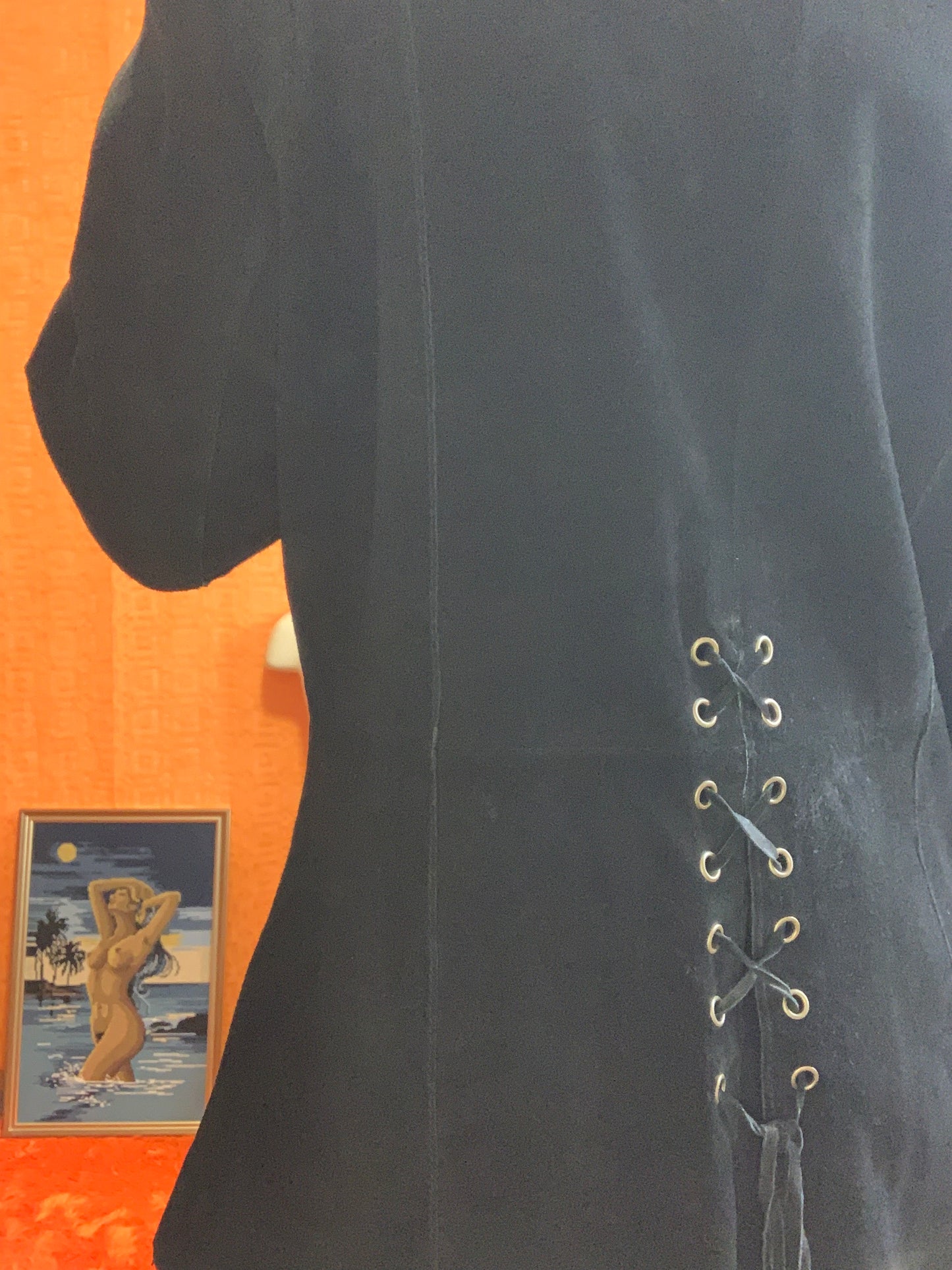 Veste Cuir daim noir à lacets Vintage 1990 Pépite
