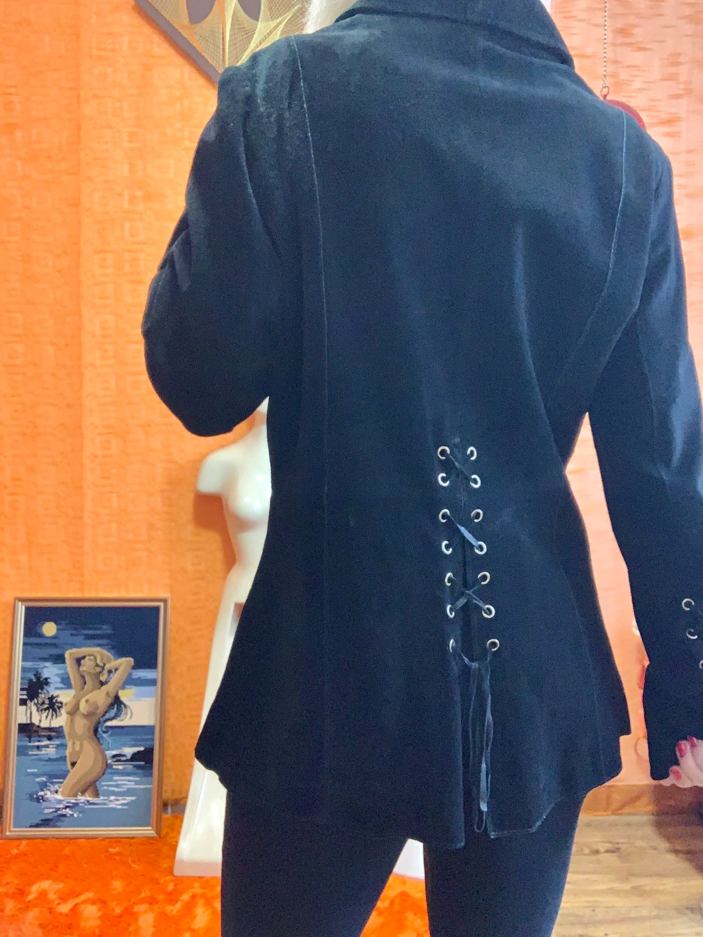 Veste Cuir daim noir à lacets Vintage 1990 Pépite