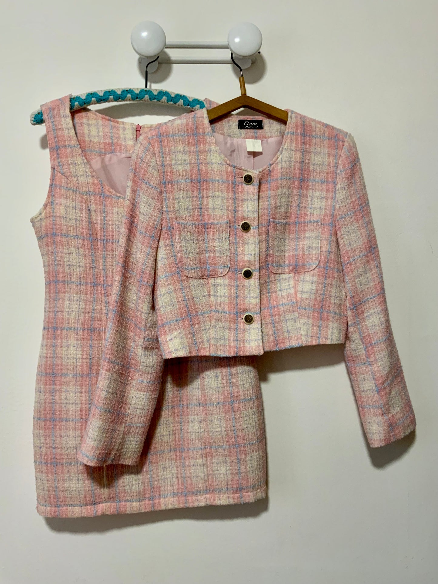 Ensemble carreaux Robe et Veste courte Vintage Chic 1990 France