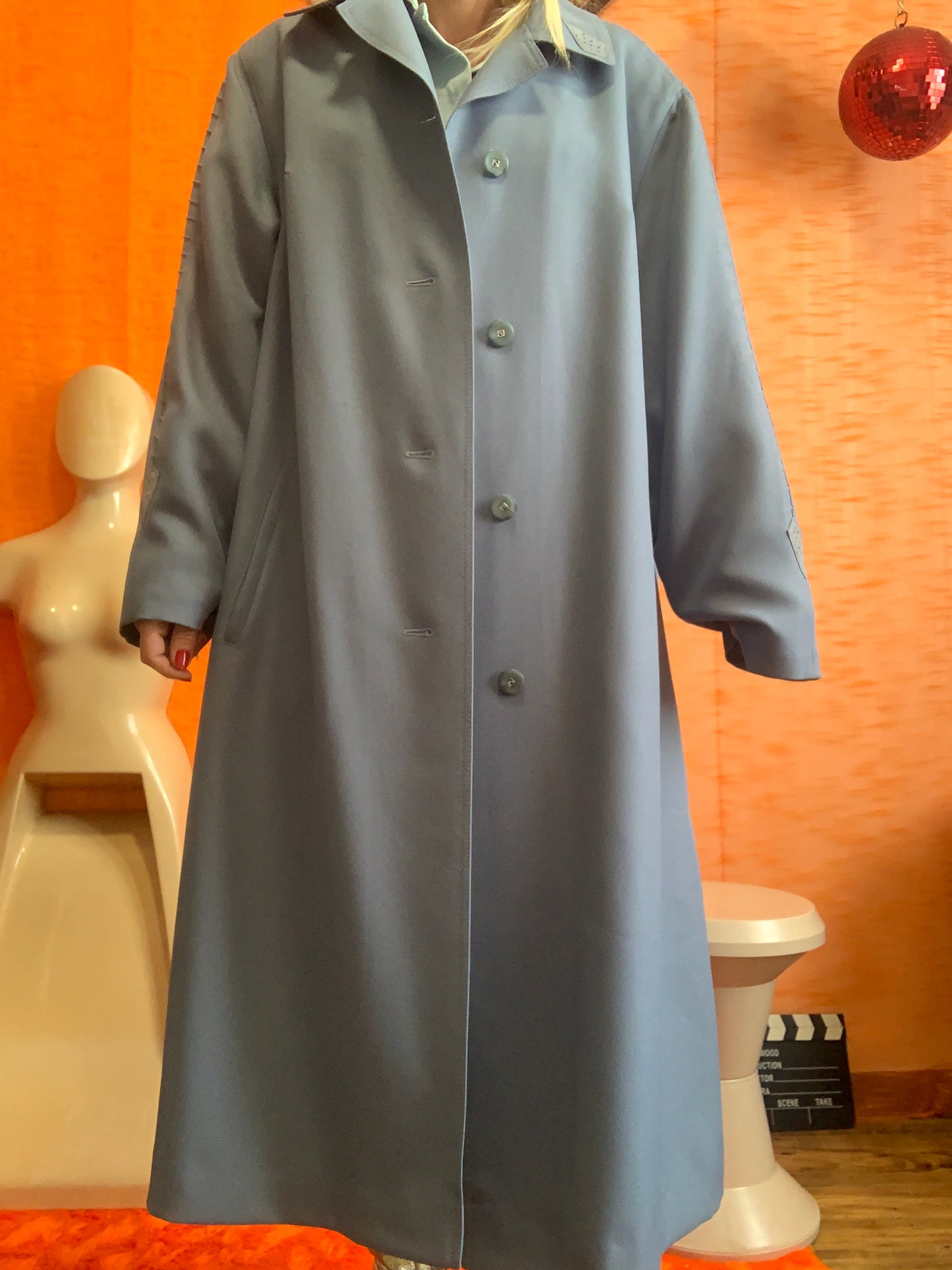 Veste Longue bleue Vintage 1980 Empiècements Daim Original
