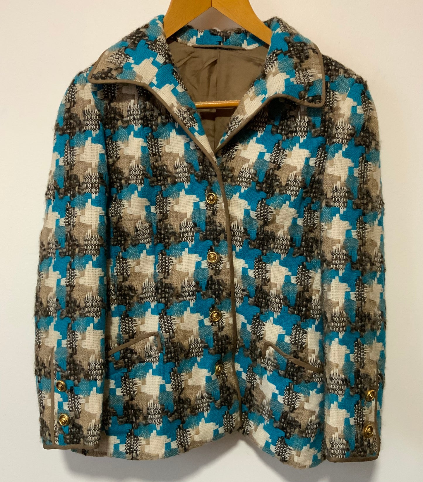 Veste blazer laine Turquoise gros carreaux pieds de poule Vintage Création Chic