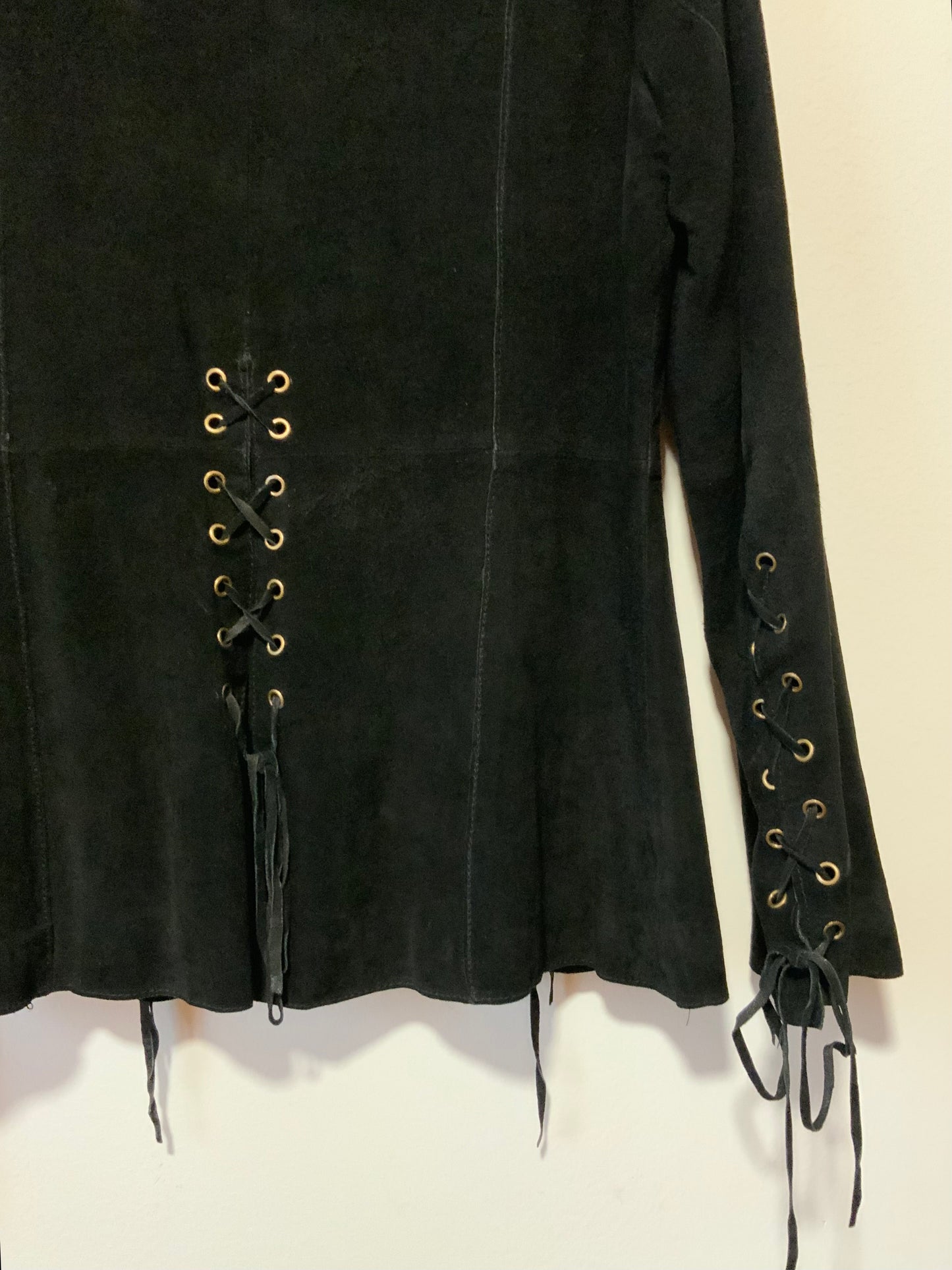 Veste Cuir daim noir à lacets Vintage 1990 Pépite