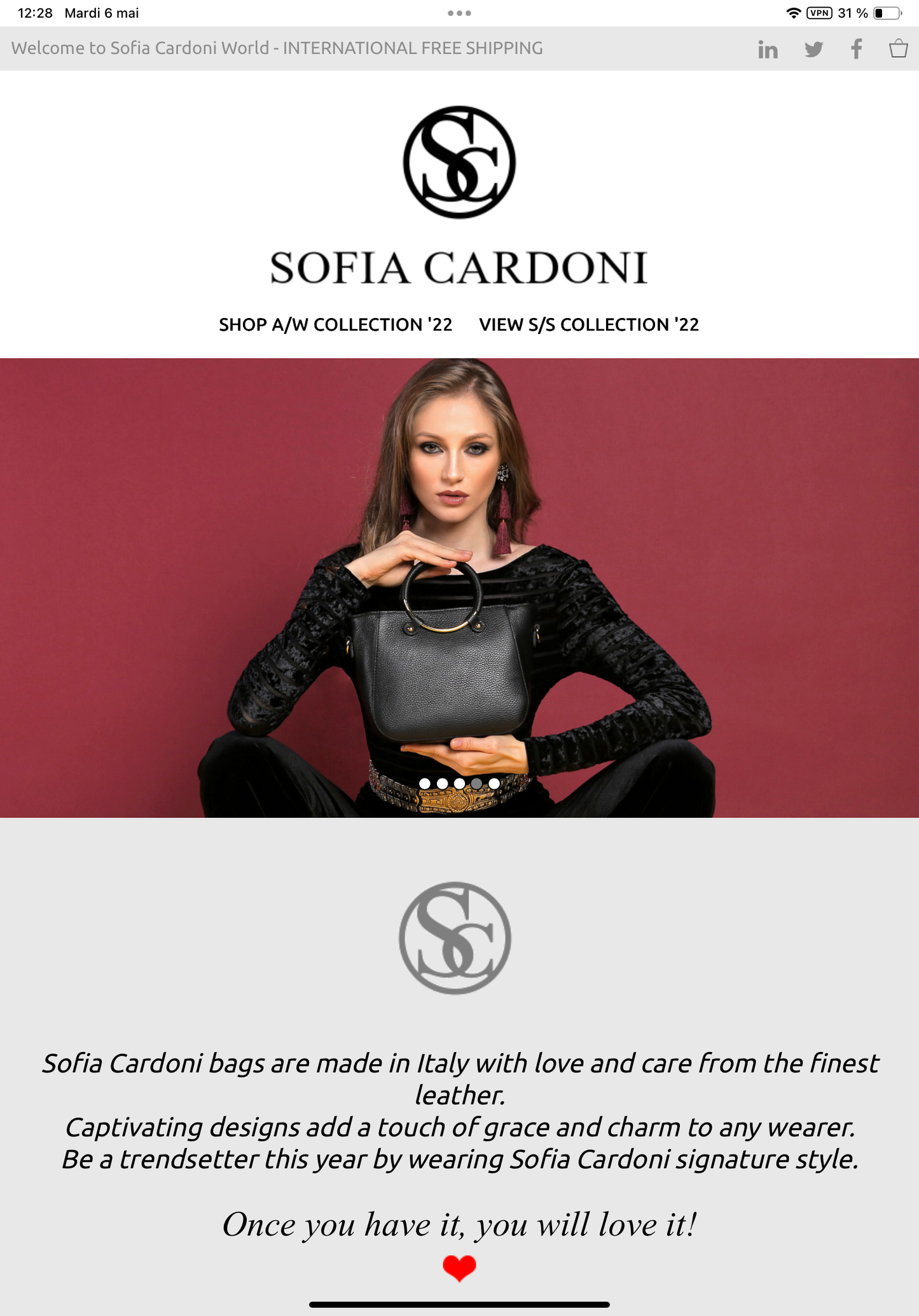 Sac à main cuir rouge Sofia Cardoni Italy - Haut de gamme.