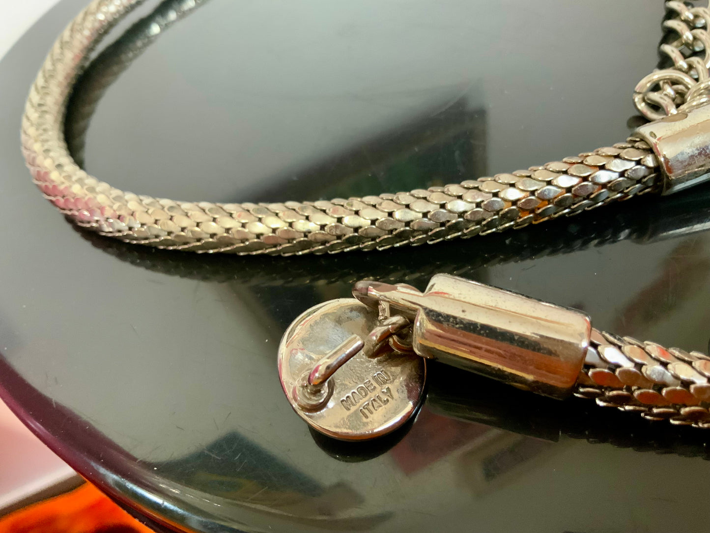 Ceinture Chaîne métal argenté Mailles écailles Vintage Made in Italy