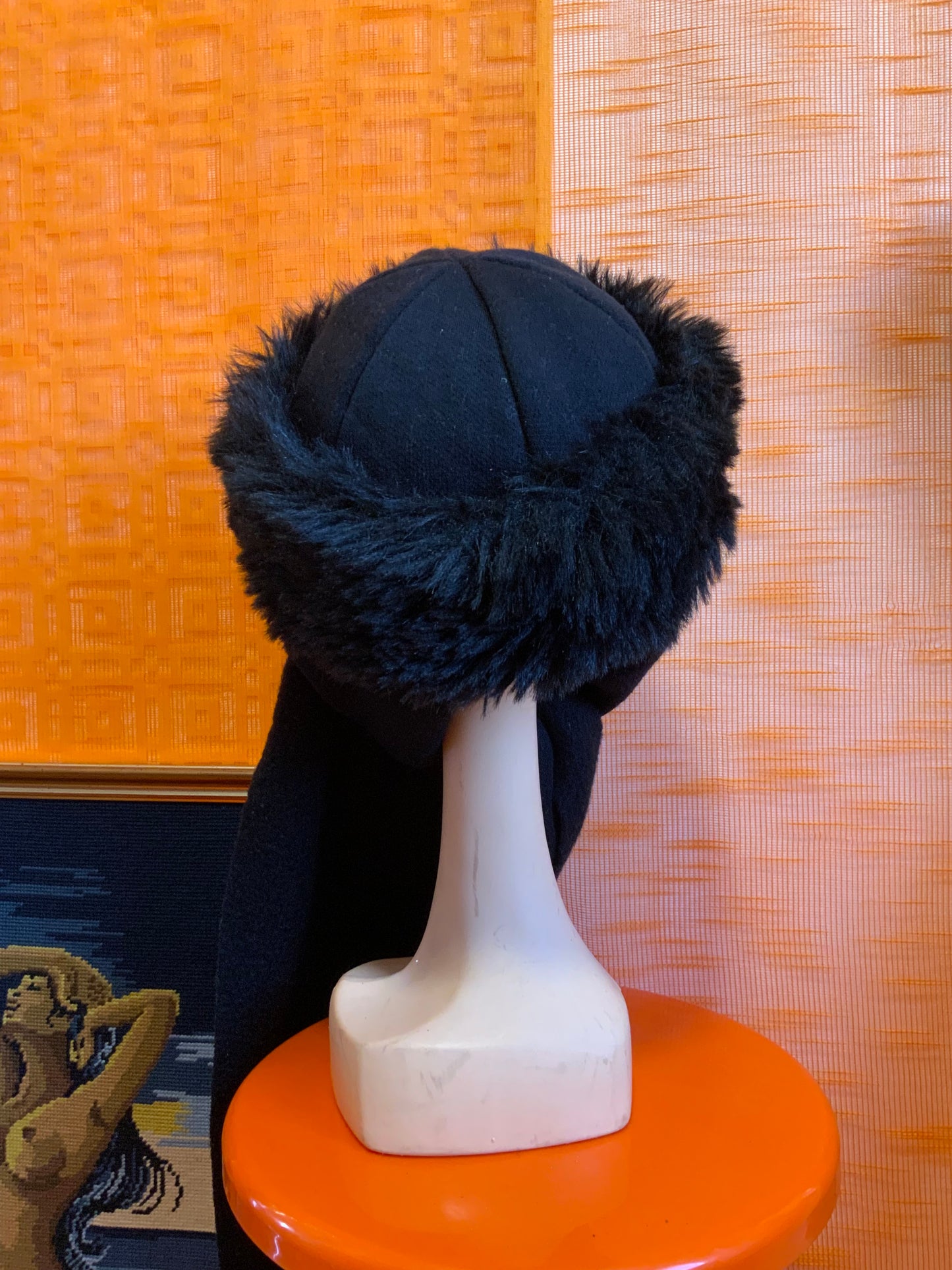 Toque Écharpe Made in France Vintage Noire Fausse Fourrure Fashion