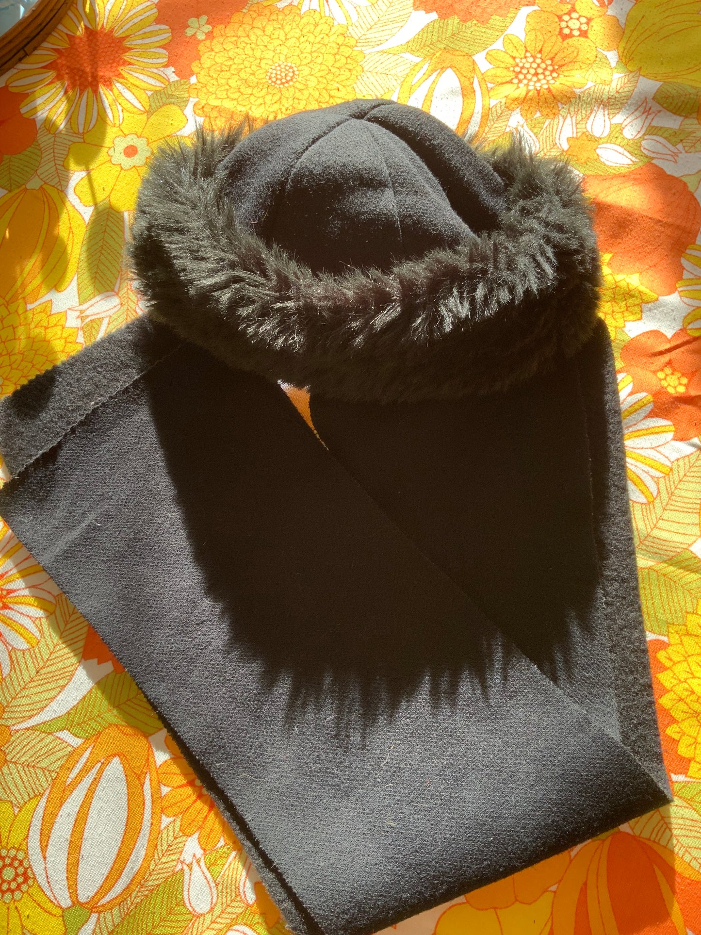 Toque Écharpe Made in France Vintage Noire Fausse Fourrure Fashion