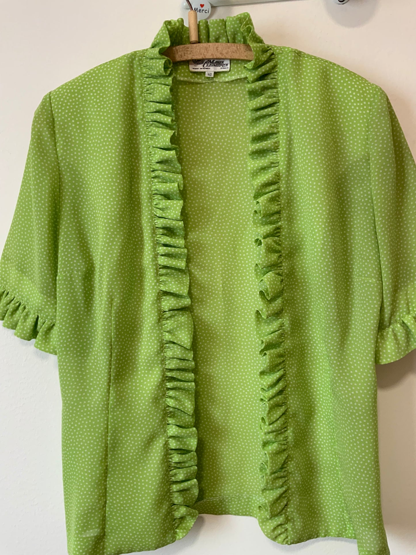 Veste Chemisier Frous Frous et petits pois vert vif Vintage France Original