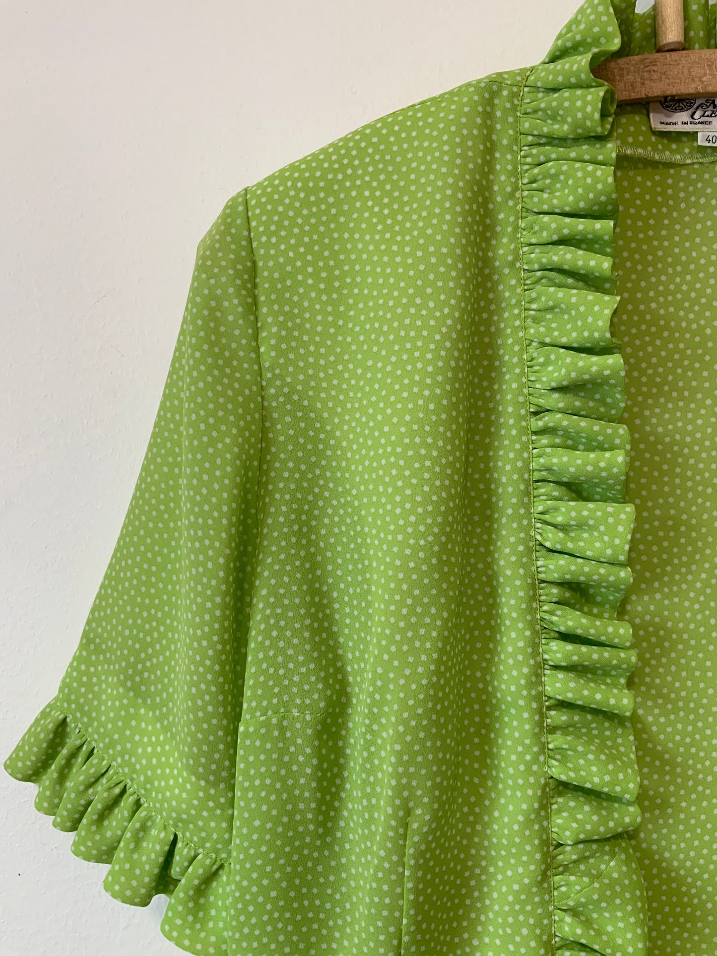 Veste Chemisier Frous Frous et petits pois vert vif Vintage France Original